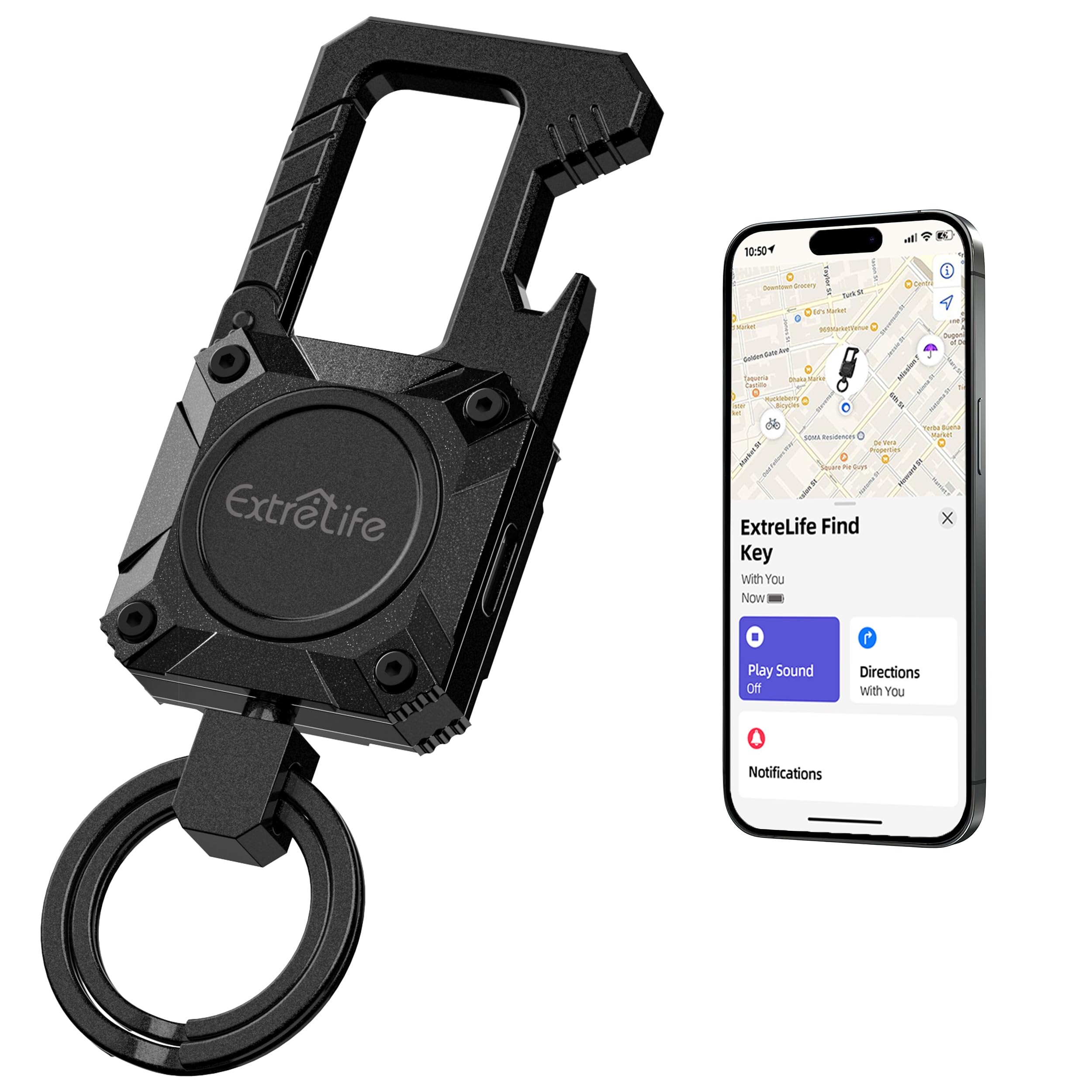 Keychain, Works with Apple Find My, Heavy Duty Keychain Bottle Opener, Carabiner Car Key Chains with Gps Tracker, Key Finder, Bl