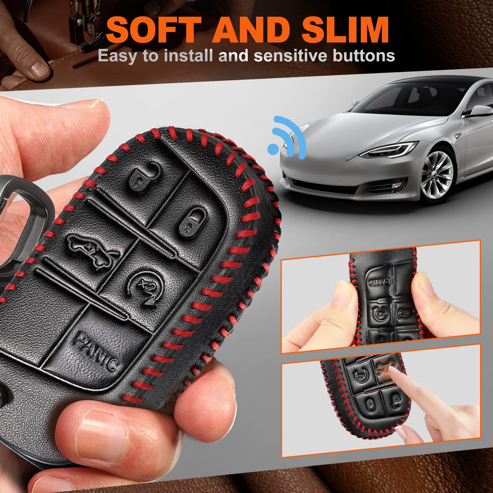 Slohif For Jeep Key Fob Cover Keychain Accessories For Grand Cherokee Renegade Chrysler 200 300 Dodge Ram Durango Charger Challenger Journey Dart Fiat 5 Buttons, Leather Case+D-Ring+Hook(Black)