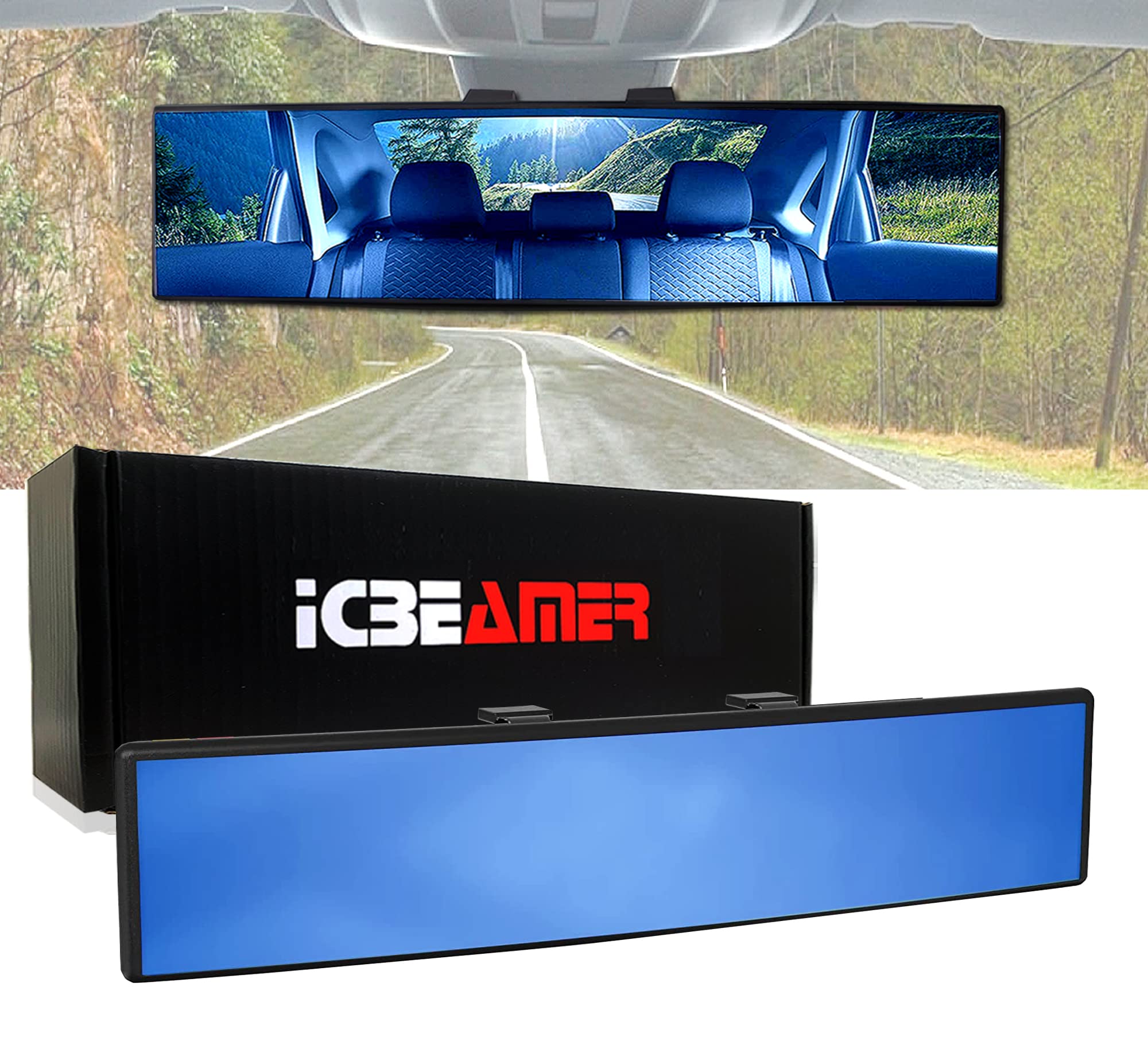 Icbeamer 11.8 Inch Car Rearview Mirror, Panoramic Wide Angle, Hd Blue Tint Glass, Interior Clip On Flat, Anti Glare, Automotive