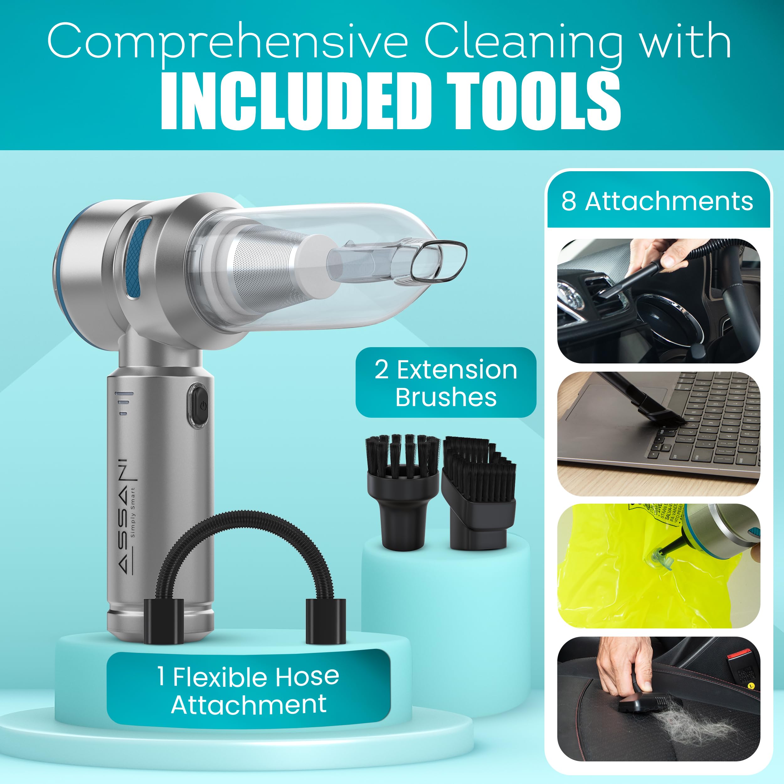 Assani 3 In 1 Portable Cordless Car Vacuum Cleaner With 15000Pa High Power Suction & Air Duster Up To 30 Mins Runtime - Recharge