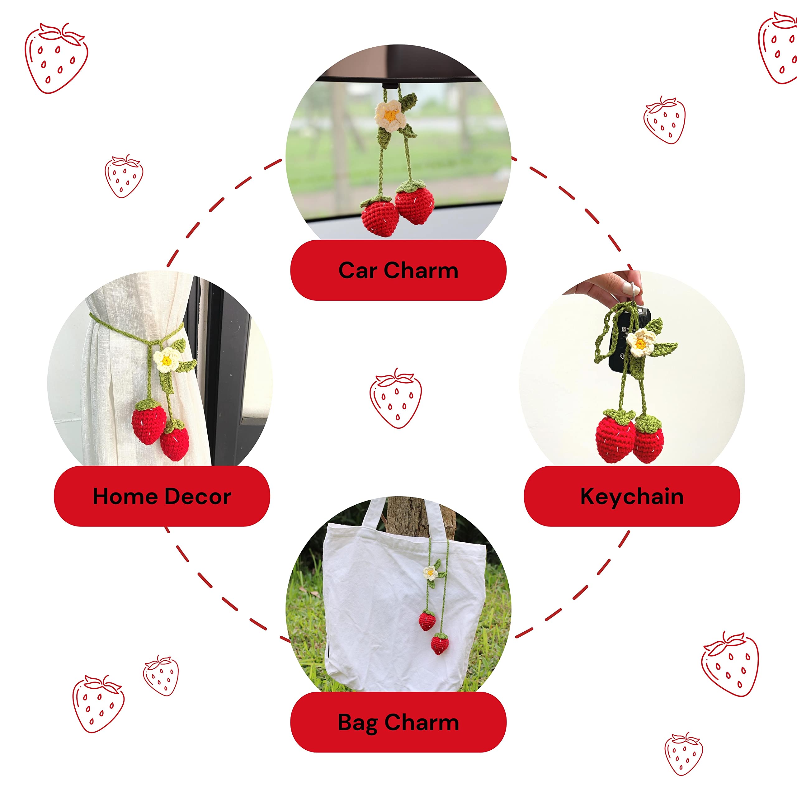 Bunny Crochet Strawberry Car Hanging Ornament, Handmade Car Rear View Mirror Hanging Accessories, Strawberry Car Ornament, Bag C