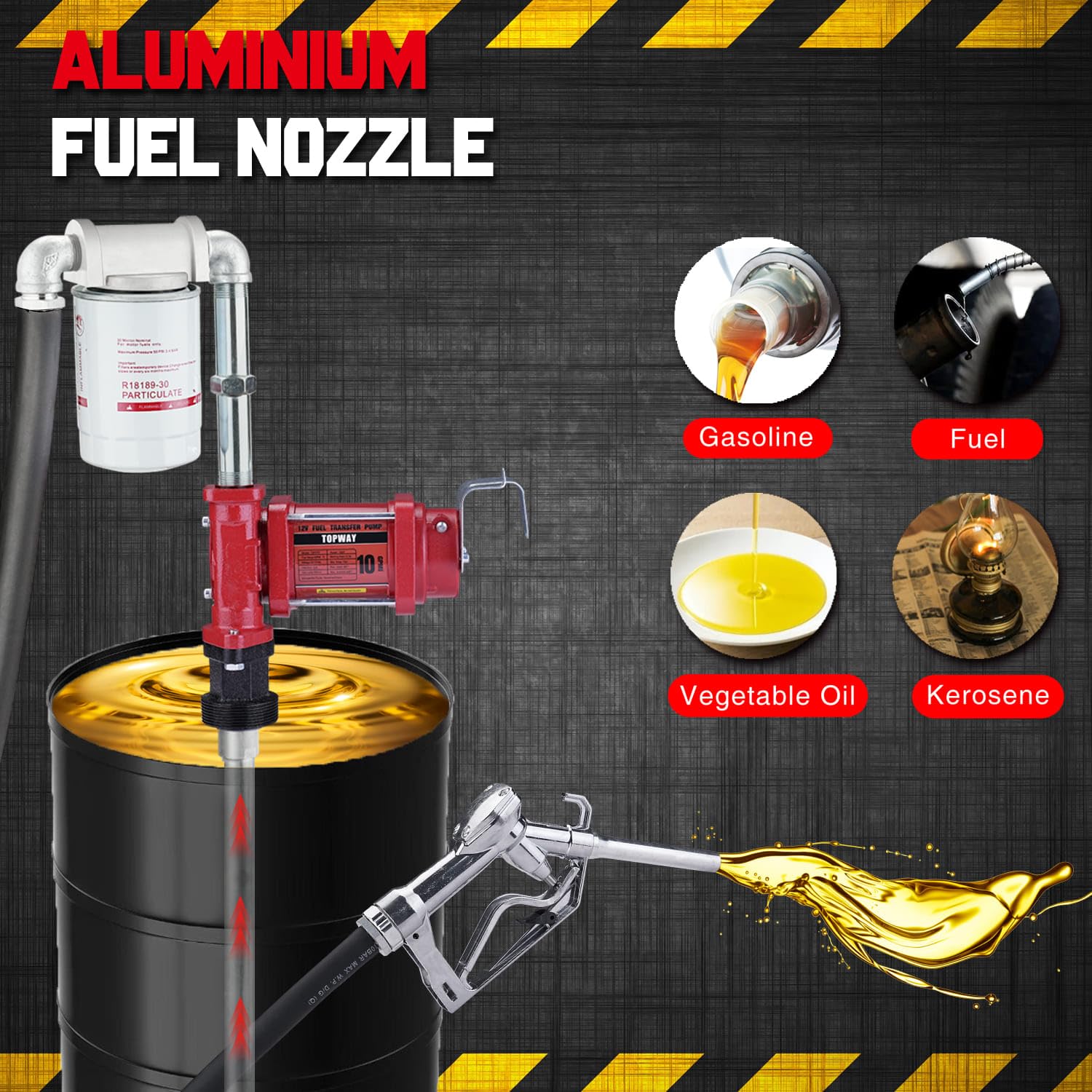 Topway 12V Dc Gasoline Fuel Pump, 10Gpm Self-Priming Oil Transfer Pump Kit With Particulate Filter, Fuel Nozzle, Discharge Hose