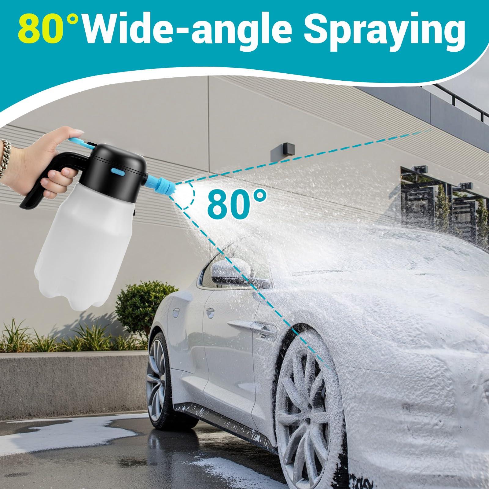 Electric Foam Sprayer Car Wash, 60PSI Foam Sprayer Auto Pressurized with 2 Nozzles(Foam/Water Stream), Built-in 7.4V Pump, 2x200