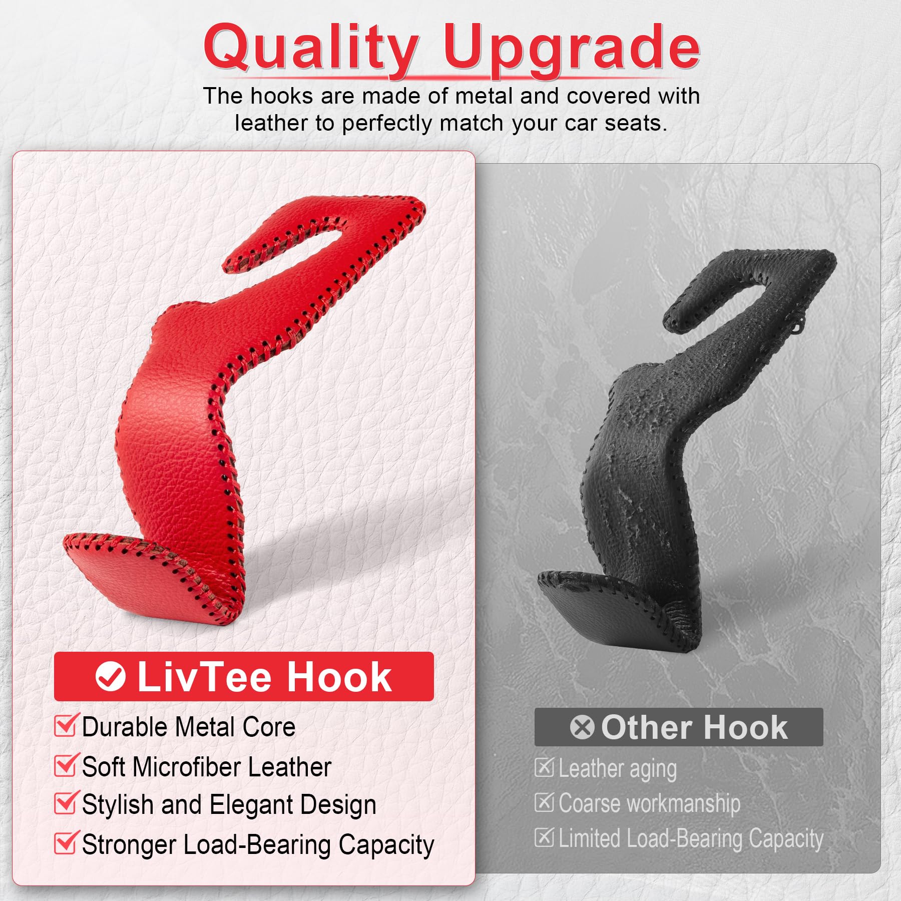 Livtee Red Superior Leather Car Seat Back Headrest Hook, Auto Seat Hook Hangers Interior Accessories For Purse Coats Umbrellas G