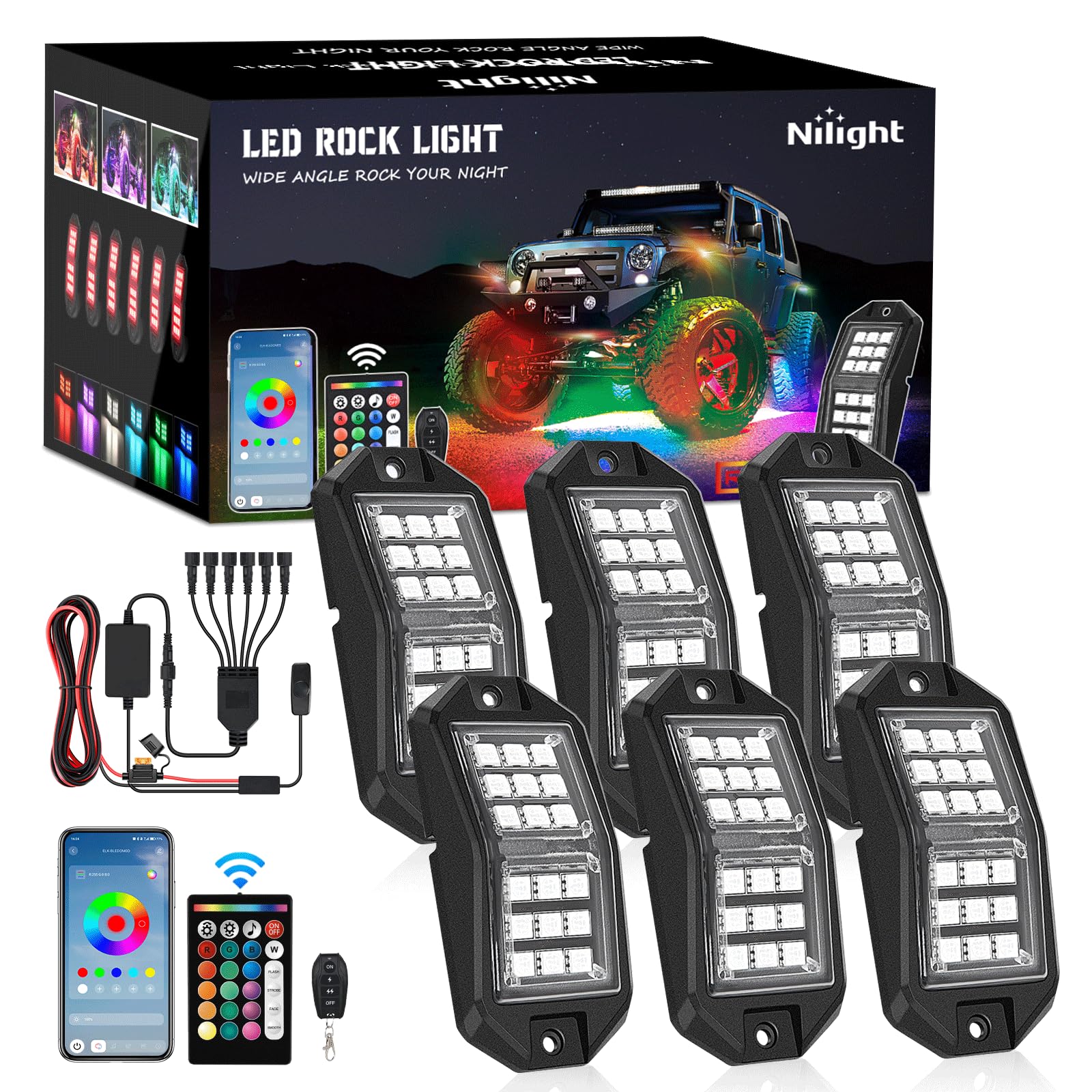 Nilight RGB LED Rock Lights Kit 6 PCS 18LED Wide Angle Wheel Well Light with Remote & Bluetooth App Dual Control Multi Modes Und