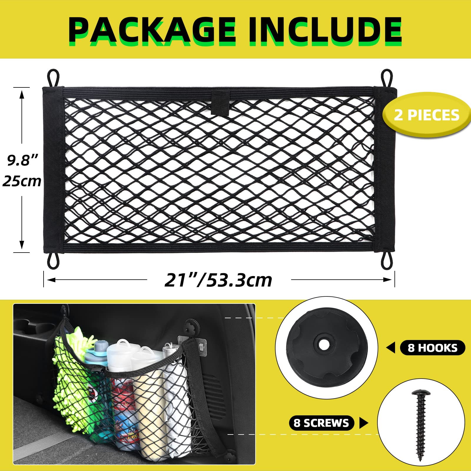 Small Cargo Net For Car Trunk Storage,2 Pack Elastic Mesh Net Pocket Organizer Pouch Bag,Stretchable Automotive Cargo Nets With 8 Pieces Mounting Screws And Hooks For Rv,Suv,Boats,Home