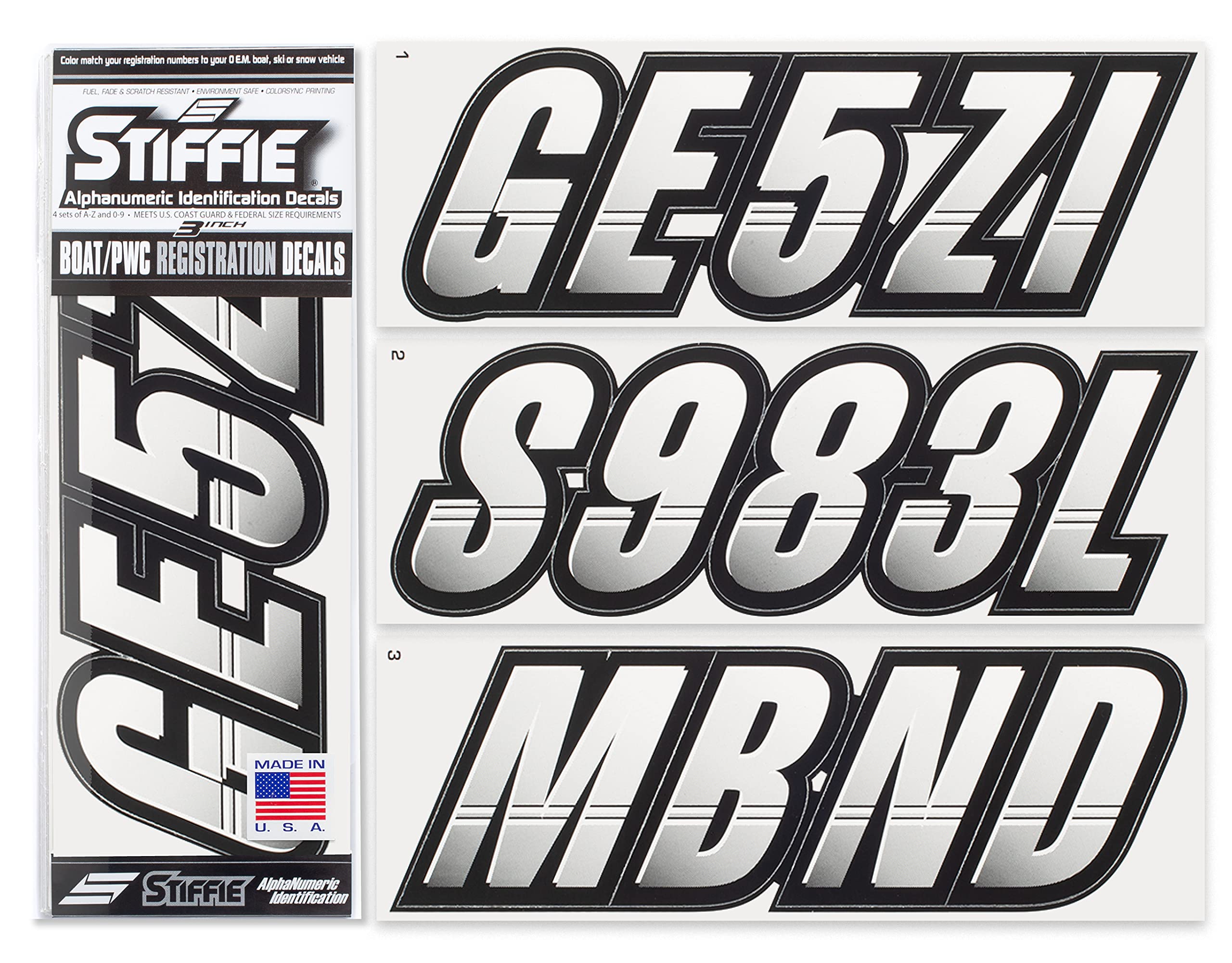 Stiffie Techtron White/Black 3 '' Alpha-Numeric Registration Identification Numbers Stickers Decals For Boats & Personal Watercr