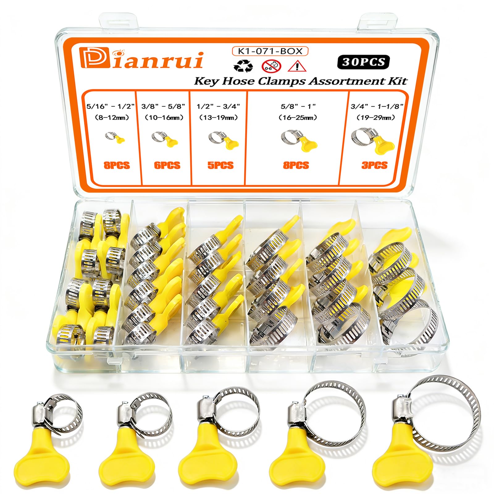 Dianrui 30 PCS Thumb Screw Hose Clamps Assortment Kit 5/16-1-1/8(8-29mm) Key-Type Hose Clamp Stainless Steel for Pipe, Fuel Line