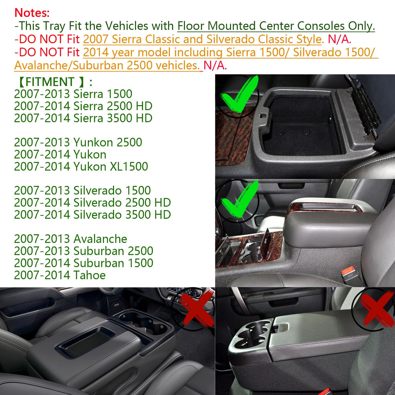 EDBETOS 07-14 Full Size Trucks Center Front Floor Console Compatible with Chevrolet Avalanche Tahoe Silverado Suburban 1500 2500 Sierra Pickup Truck Yukon & XL/Denali 19166288