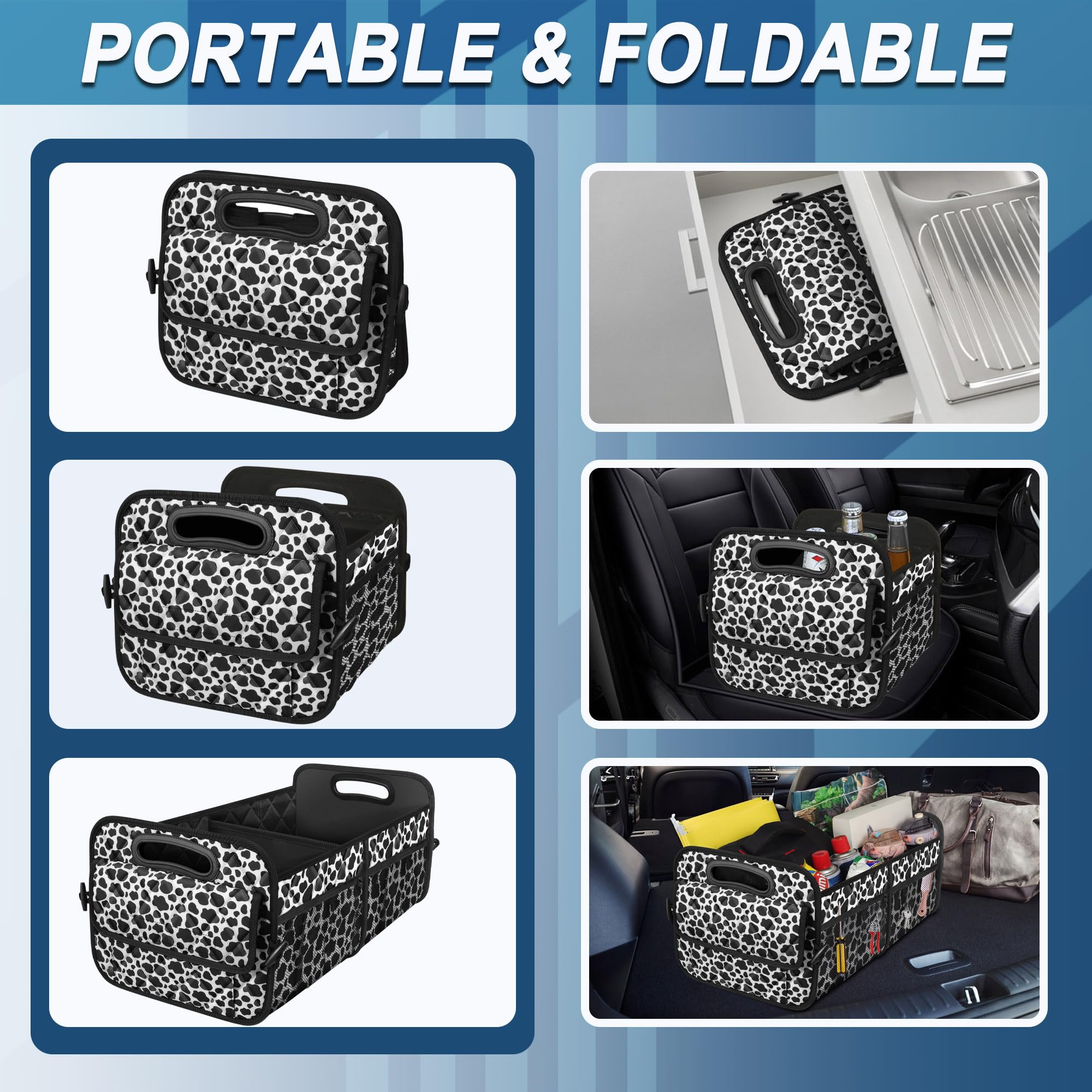 Deosk Car Organizer For Suv - 6 Big Pocket Trunk Storage With Waterproof Polyester, Car Accessories For Women/Men, Cow Print (Me