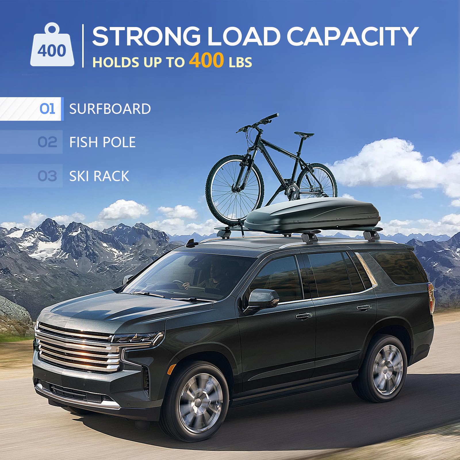 Suorto Heavy Duty 400 Lbs Roof Rack Cross Bars Compatible For 2021 2022 2023 2024 Chevrolet Tahoe, Chevy Suburban, Gmc Yukon & Yukon Xl, Cadillac Escalade Esv With Side Rails, Adjustable Lock Crossbar