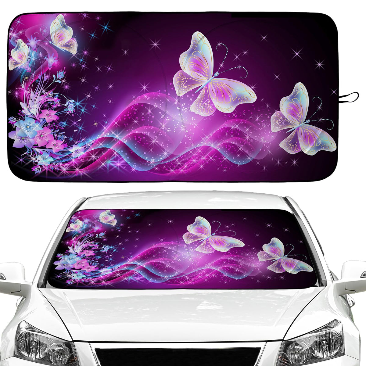 Purple Butterfly Car Windshield Sun Shade Foldable Sunshade Front Window Cover Sun Visor Protector Accessories for Truck SUV (59
