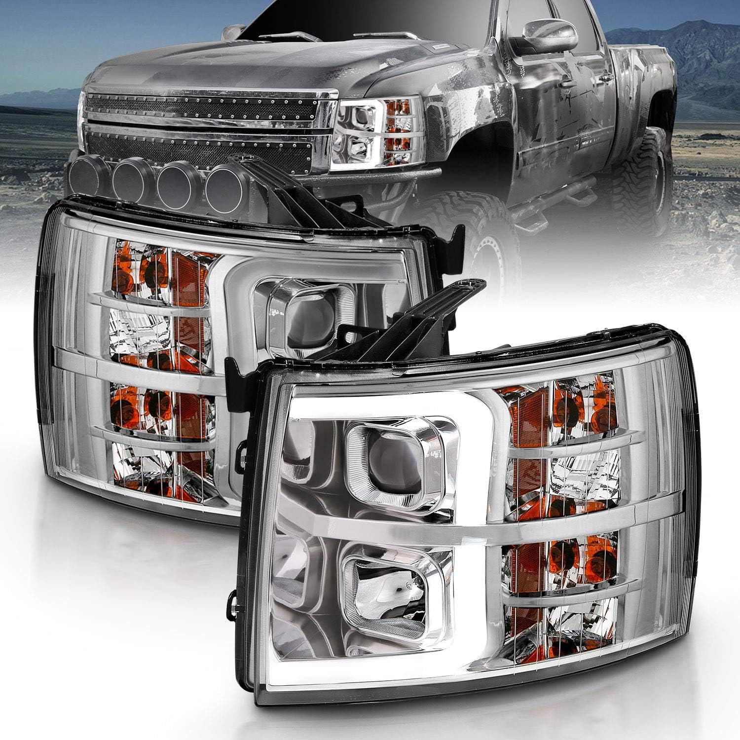 Amerilite For 2007-2013 Chevy Silverado 1500/07-14 Silverado 2500Hd 3500Hd Led, Halogen, Tube Quad Projector Chrome Car Headligh