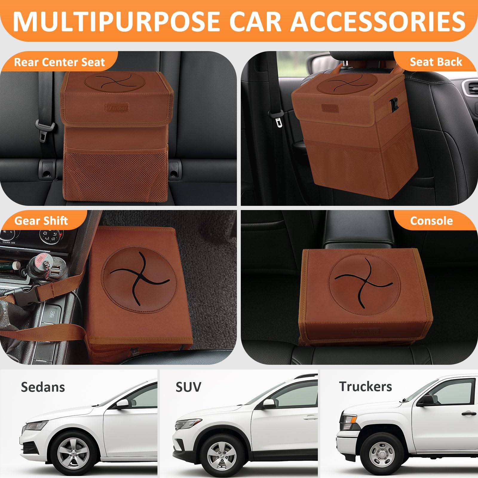 Vankor Car Trash Can, Brown, 2.2 Gallons Capacity, Waterproof, Polyester Material, Adjustable Strap, Hanging Design, Leakproof L