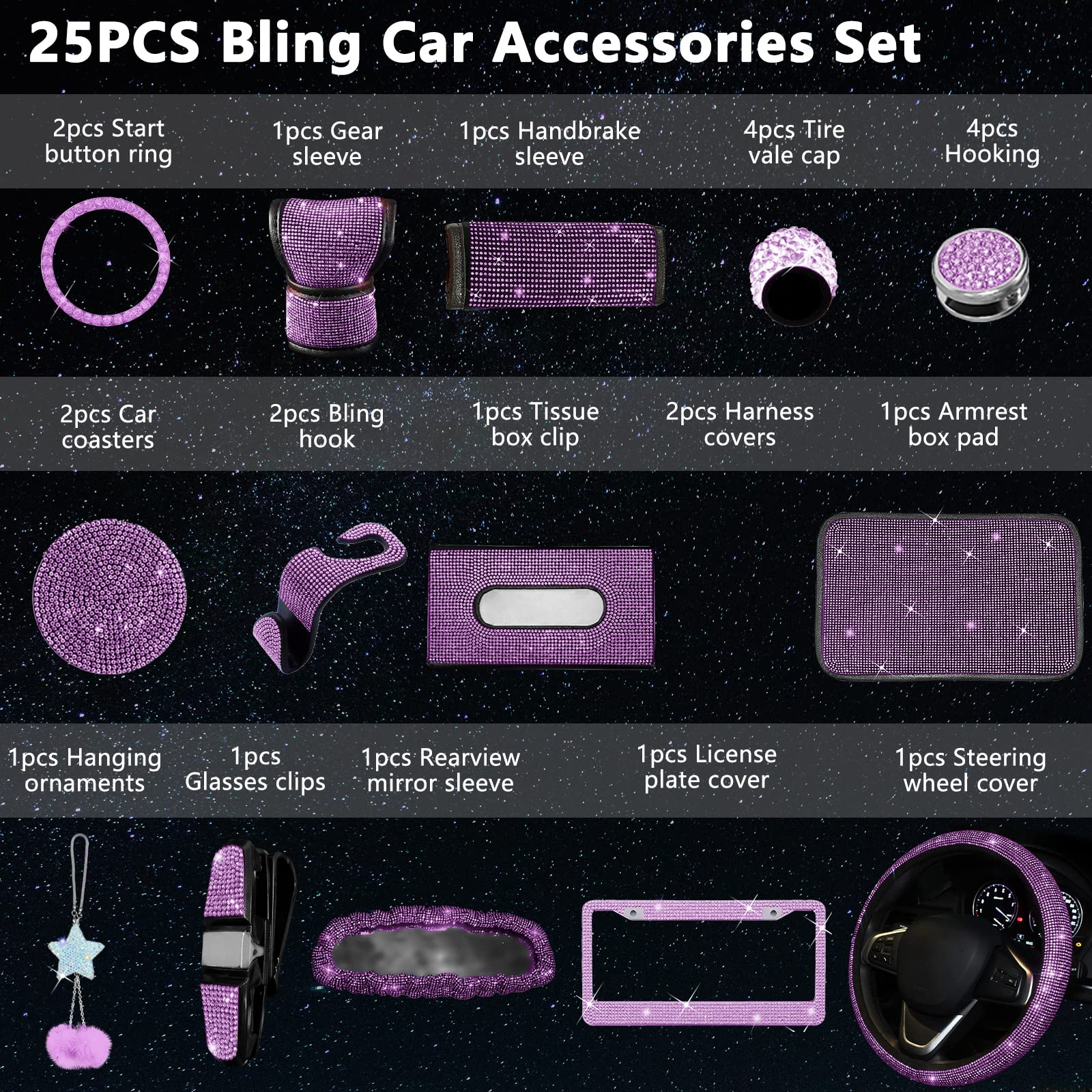 25Pcs Bling Car Parts Set,Bling Car Parts Set Female Universal Fit 15 Inches,Bling Iicense Plate Frame,Bling Center Console Cove