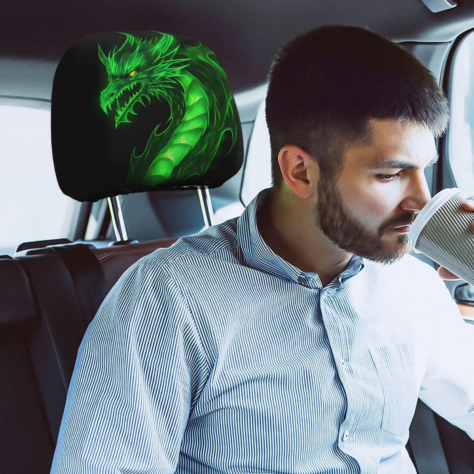 Dujiea 2 Pack Dragon Green Fire Car Headrest Covers, Universal Soft Car Seat Head Rest Protector, Vehicle Accessories Fabric Hea