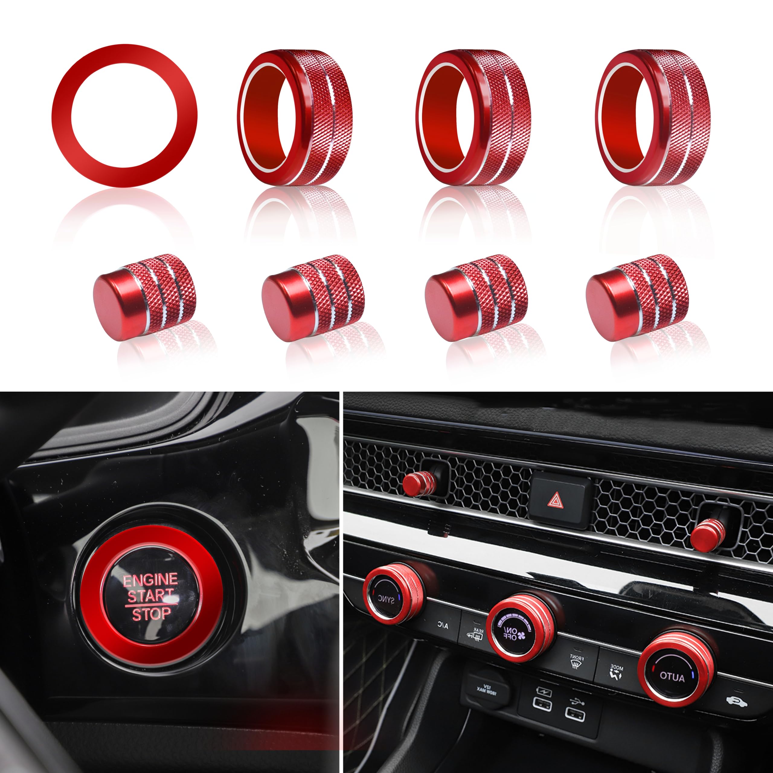 Senshine Air Conditioning, Vent Knob Cover For Honda Civic Accessories 2022 2023 2024 2025 For Honda Crv 2023 2024 2025 For Acura Integra 2023 2024 2025 Start/Stop Push Button Ring Trim 10Pcs (Red)