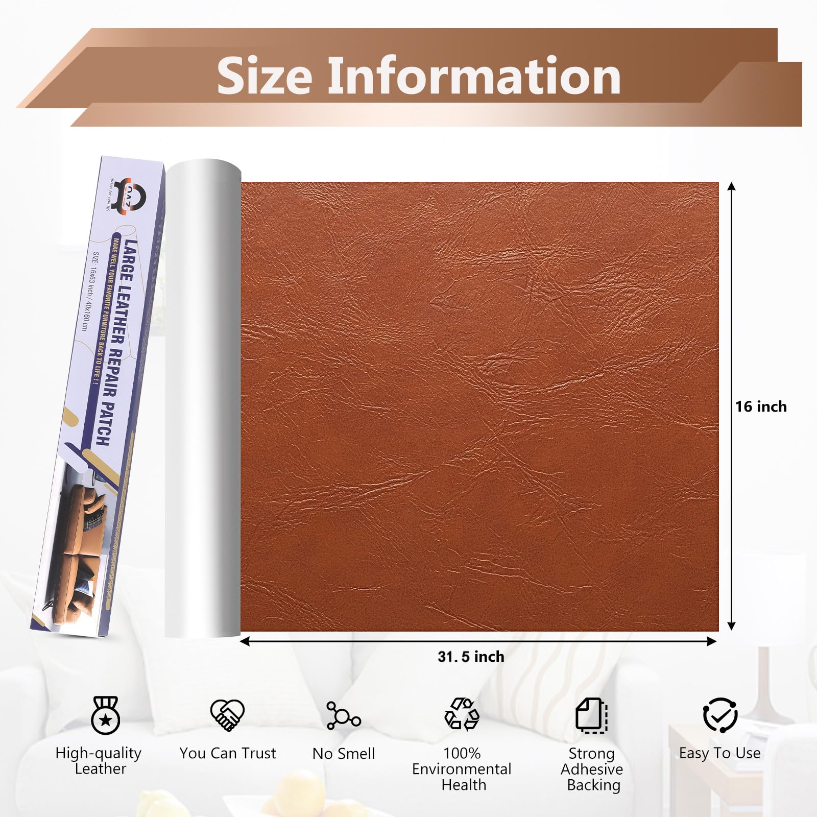 Oaz Leather Repair Patch Self Adhesive, 16X31.5 Inch Leather Repair Kit For Furniture, Leather Repair Tape For Car Seat, Sofa, C