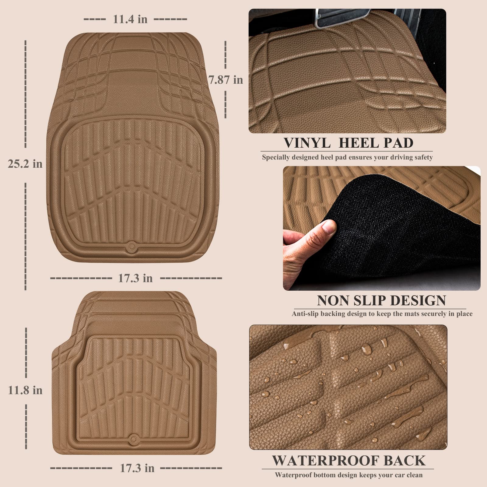 Cass Pass 4 Piece Leather Car Floor Mats -3D Waterproof All Weather, Universal Trim To Fit & Anti-Slip Burr Bottom Safety & Ligh