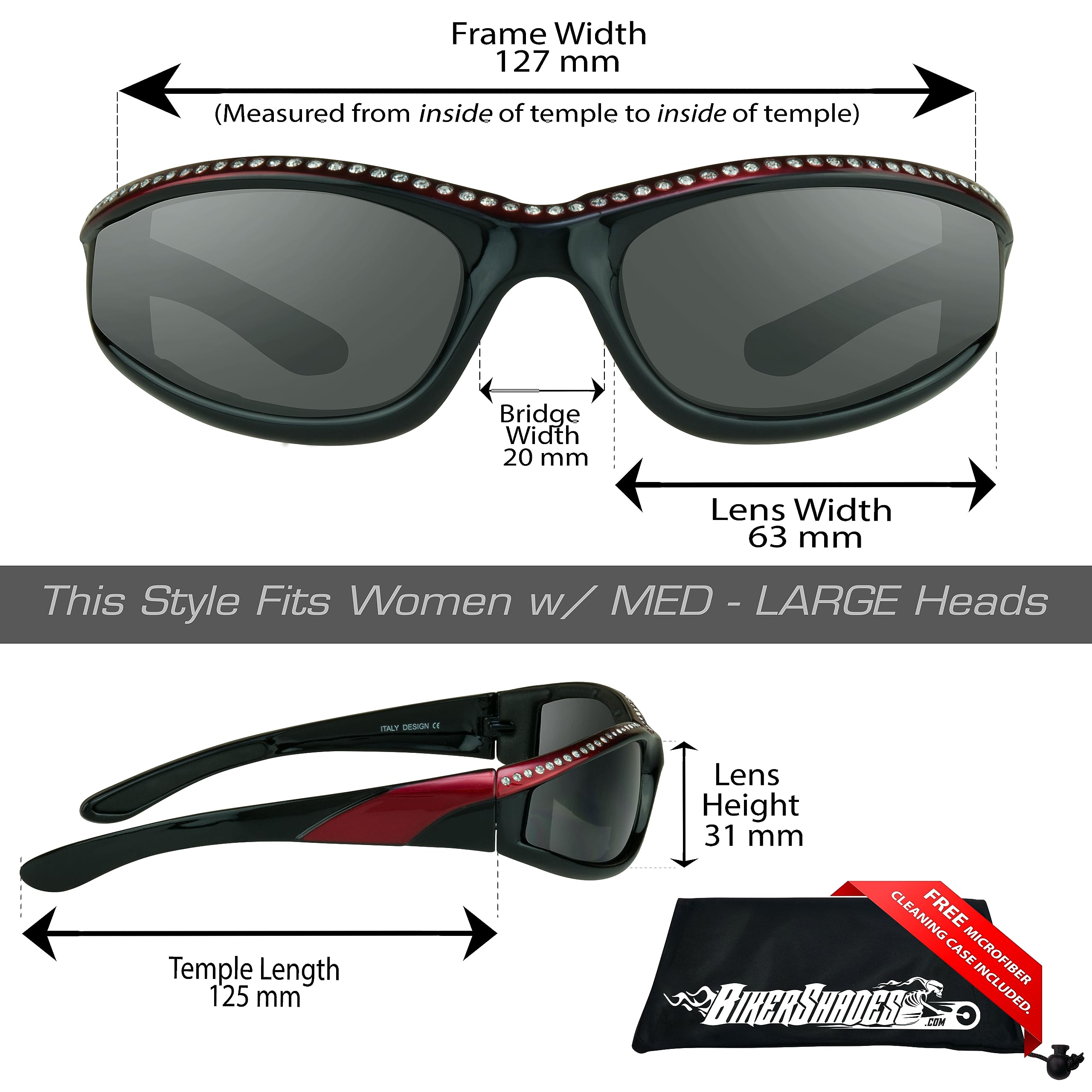 Bikershades Rhinestone Womens Motorcycle Biker Riding Safety Sunglass Foam Padded Bling Bling Wrap Blocks Wind Dust Smoke Lens R