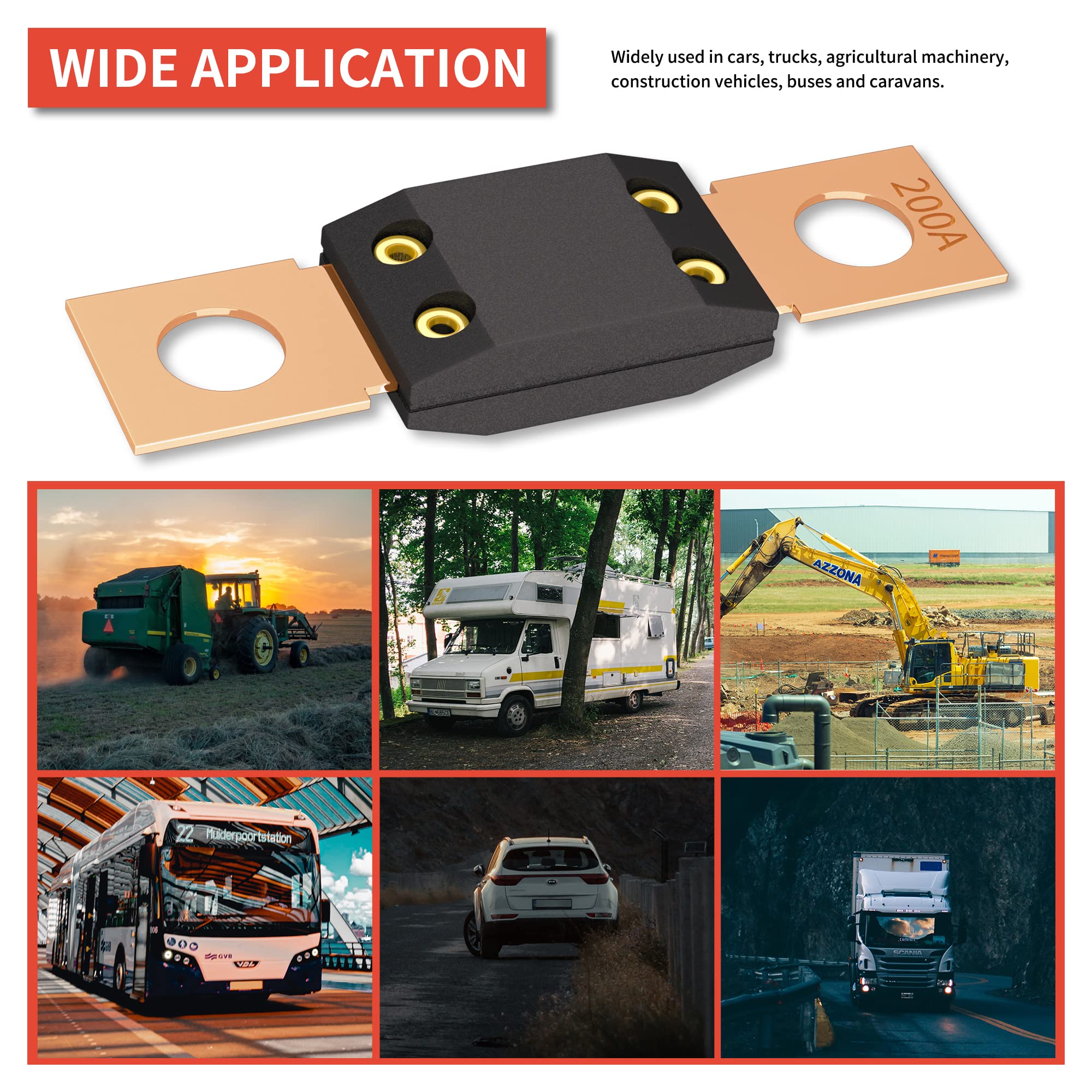 Joinfworld 3Pcs 200A MEGA Fuse, High Current Bolt Mount Automotive 200 Amp MEGA/AMG Fuse for Cars, Trucks, Construction Vehicles