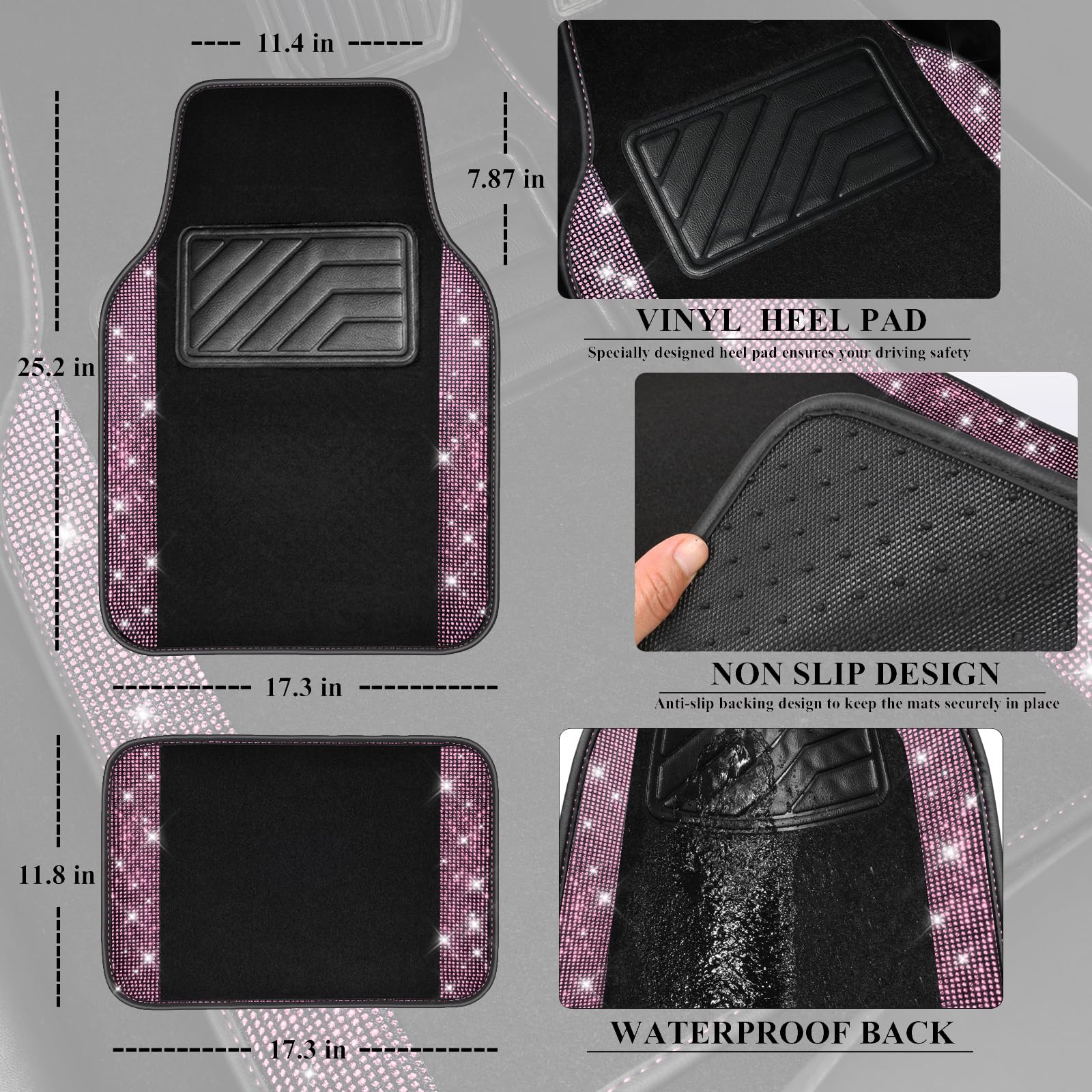 Car Pass Bling Diamond Car Floor Mat Shining Rhinestones Carpet, Sparkly Glitter Crystal Anti-Slip Pvc Heel Pad Automotive Unive