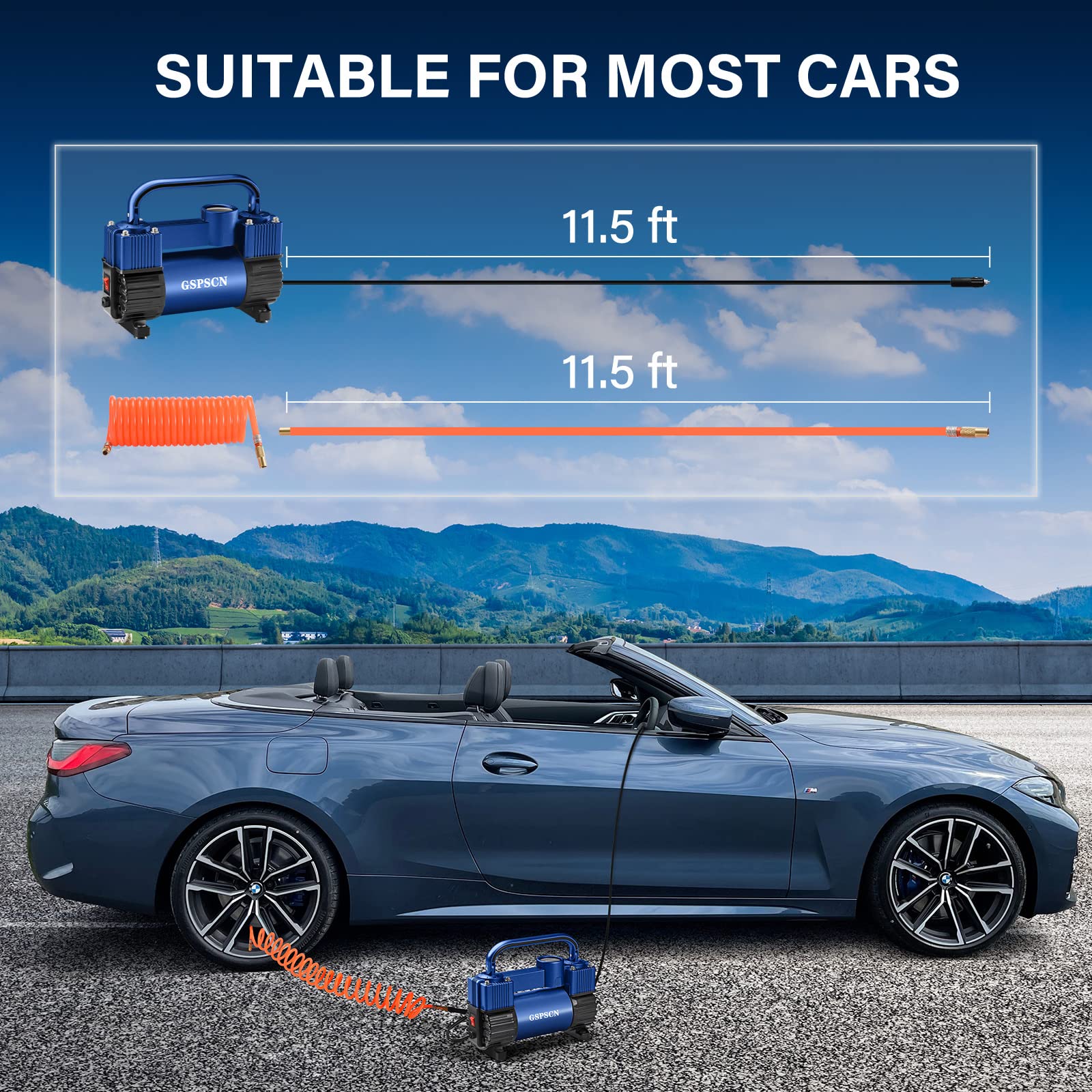 Gspscn Blue Tire Inflator Heavy Duty Double Cylinders With Portable Bag - Car Accessories,Metal Dc 12V Air Compressor Pump 150Ps