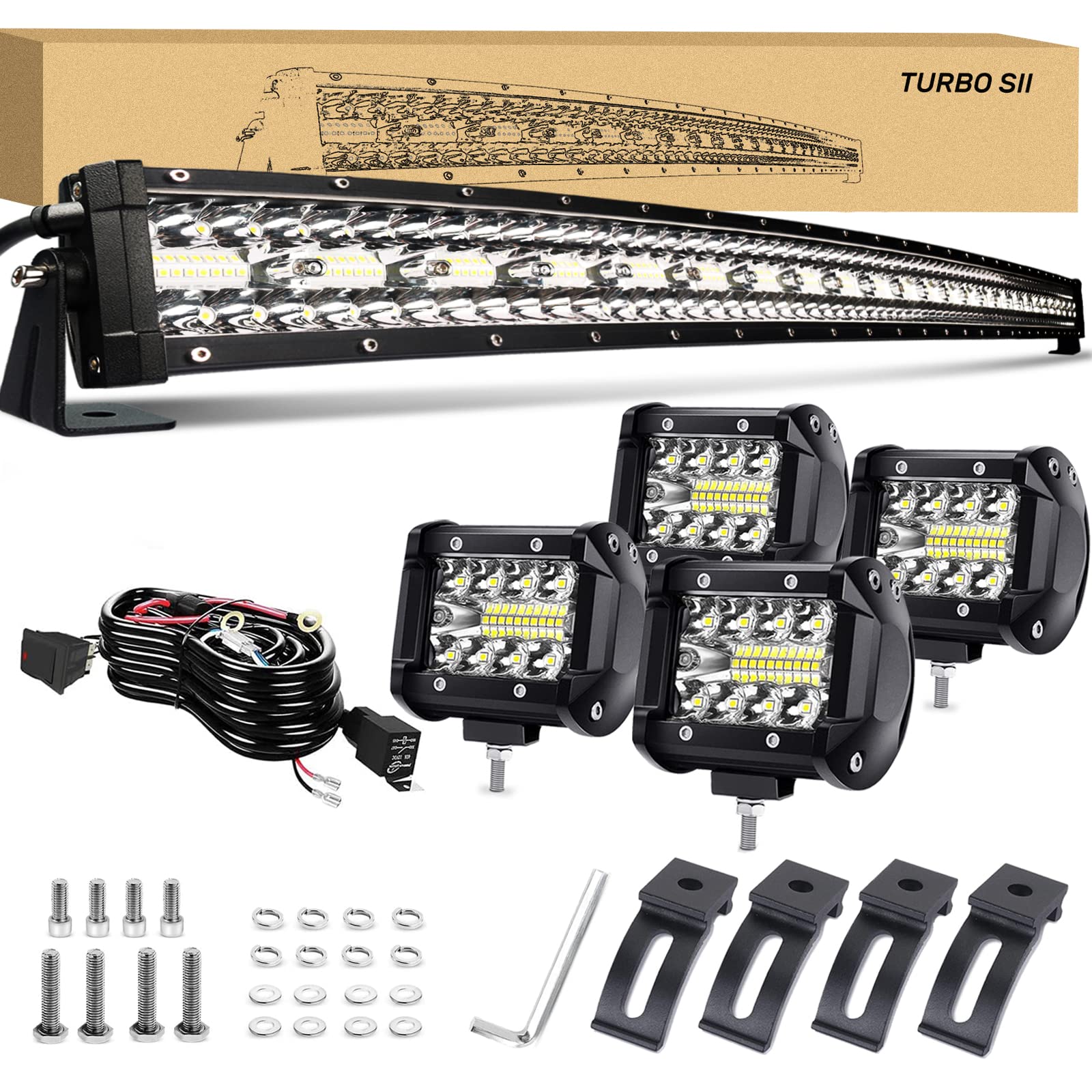 Turbo Sii 30/32 Inch Curved Led Light Bar 585W Triple Row Offroad Driving Spot Flood Combo Beam Led Bar Ip67 Waterproof W/2Pcs 4
