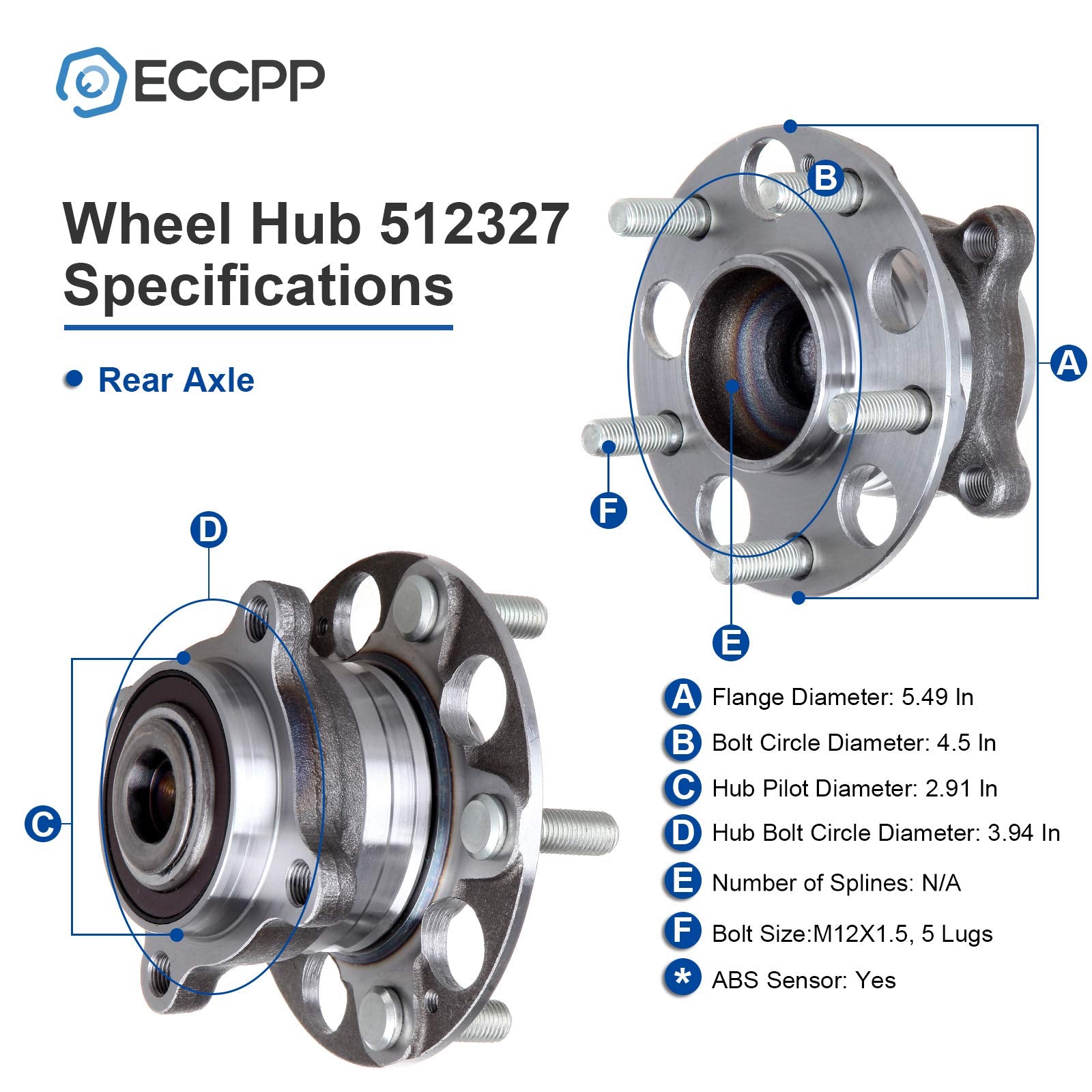 ECCPP Replacement for Pair of 2 Rear Wheel Hub Bearing Assembly 5 Lugs w/ABS for 2005-2007 Honda Accord Hybrid 512327 x2