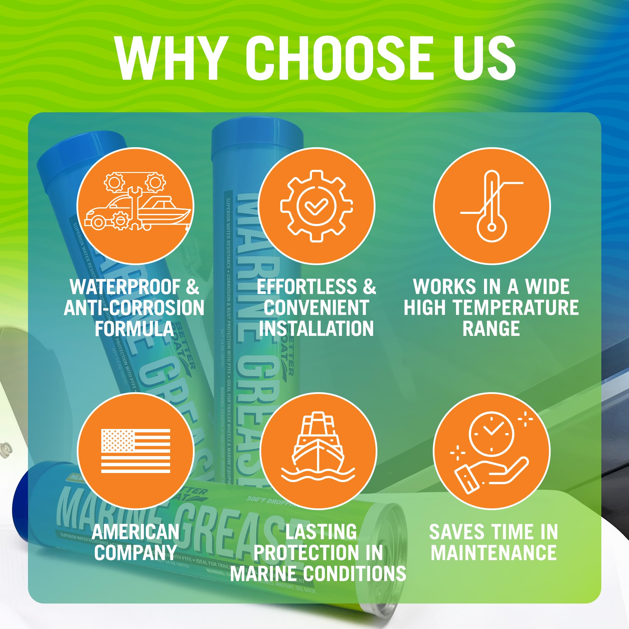 Better Boat Marine Grease Tube, 2 Pack 14 Oz, Waterproof High Temp Trailer Bearing Lubricant, NLGI 2, Compatible with Grease Gun