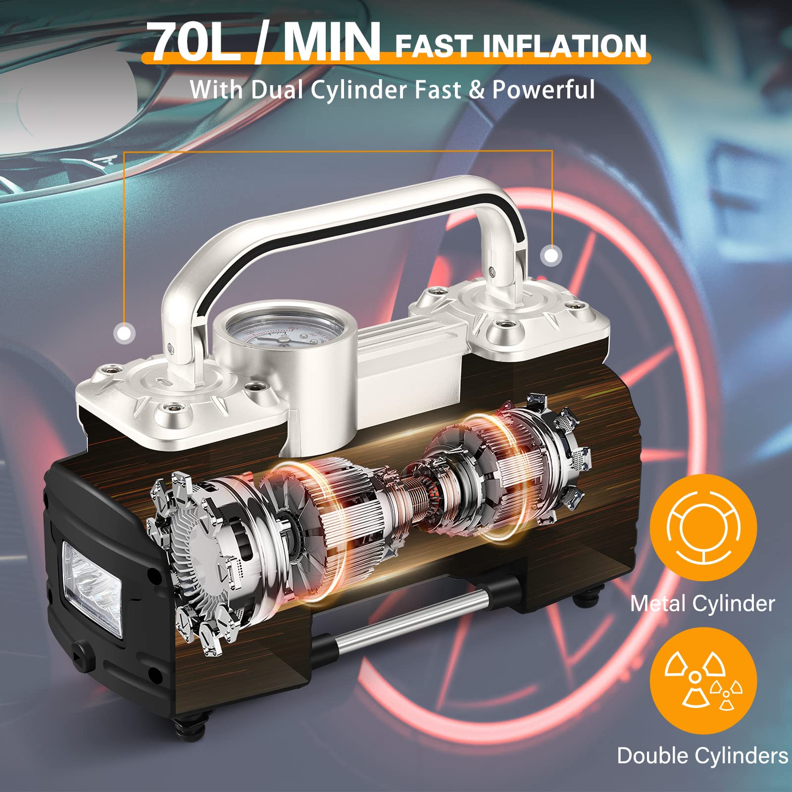 Gspscn Silver Dual Cylinder 12V Air Compressor Pump For Car, Heavy Duty Portable Tire Inflator 150Psi With Led Work Lights For A