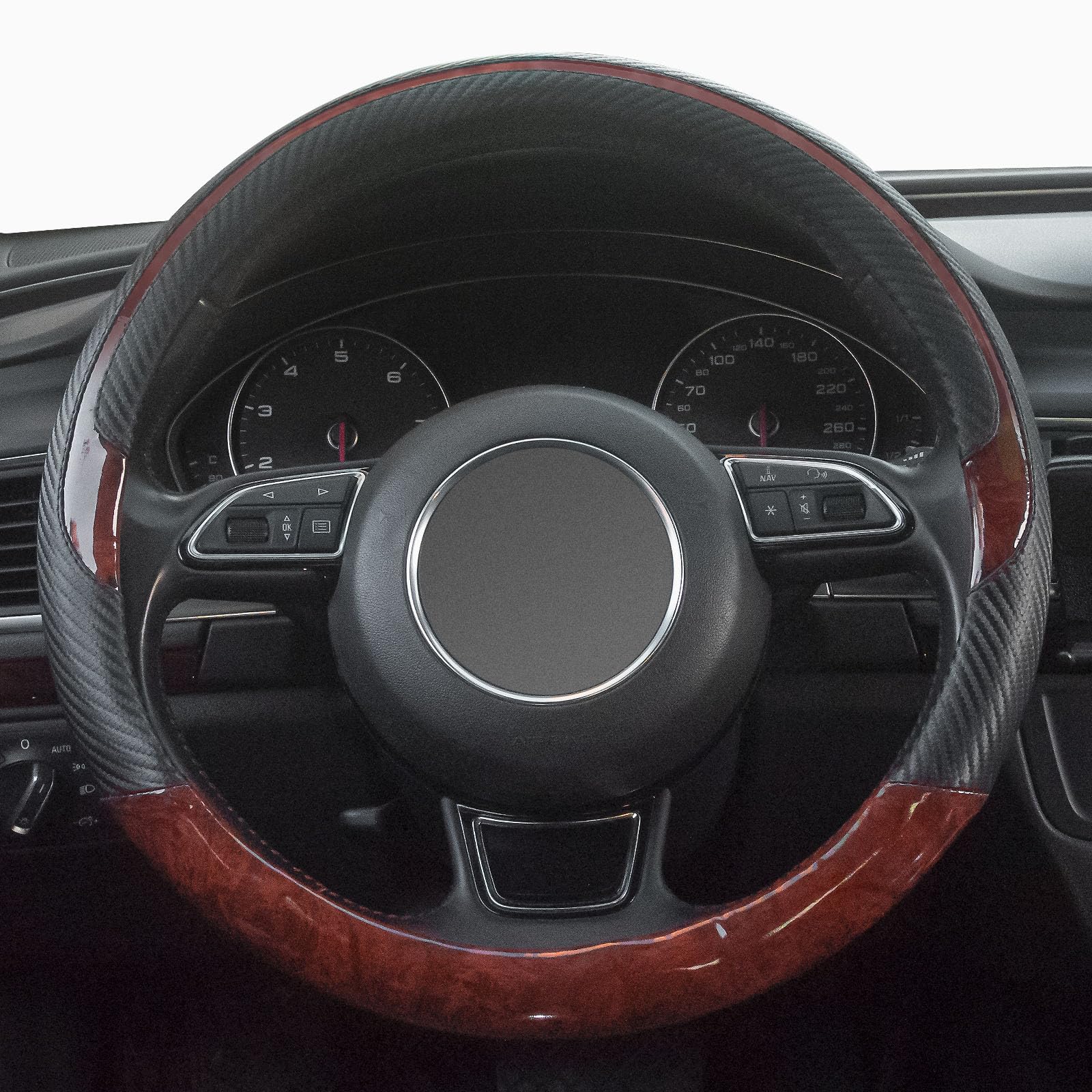Xizopucy Wood Grain Steering Wheel Cover Red Universal Microfiber Leather, Suitable For 14 1/2-15 Inch Comfortable Anti-Slip, Go
