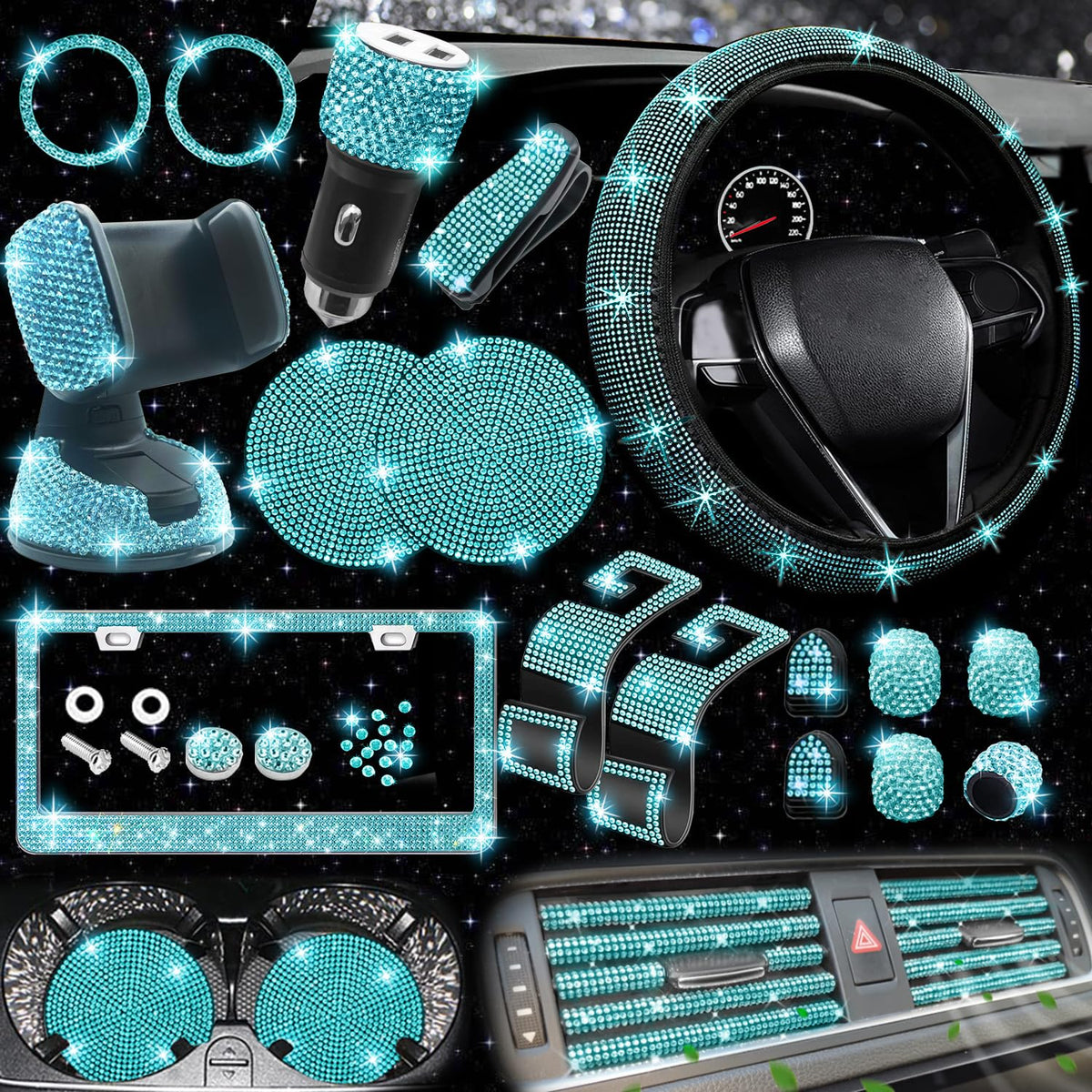 Nbtepem 27 Pcs Aquamrine Bling Car Accessories Set For Women, Bling Steering Wheel Covers Universal Fit 15 Inch, Bling License P