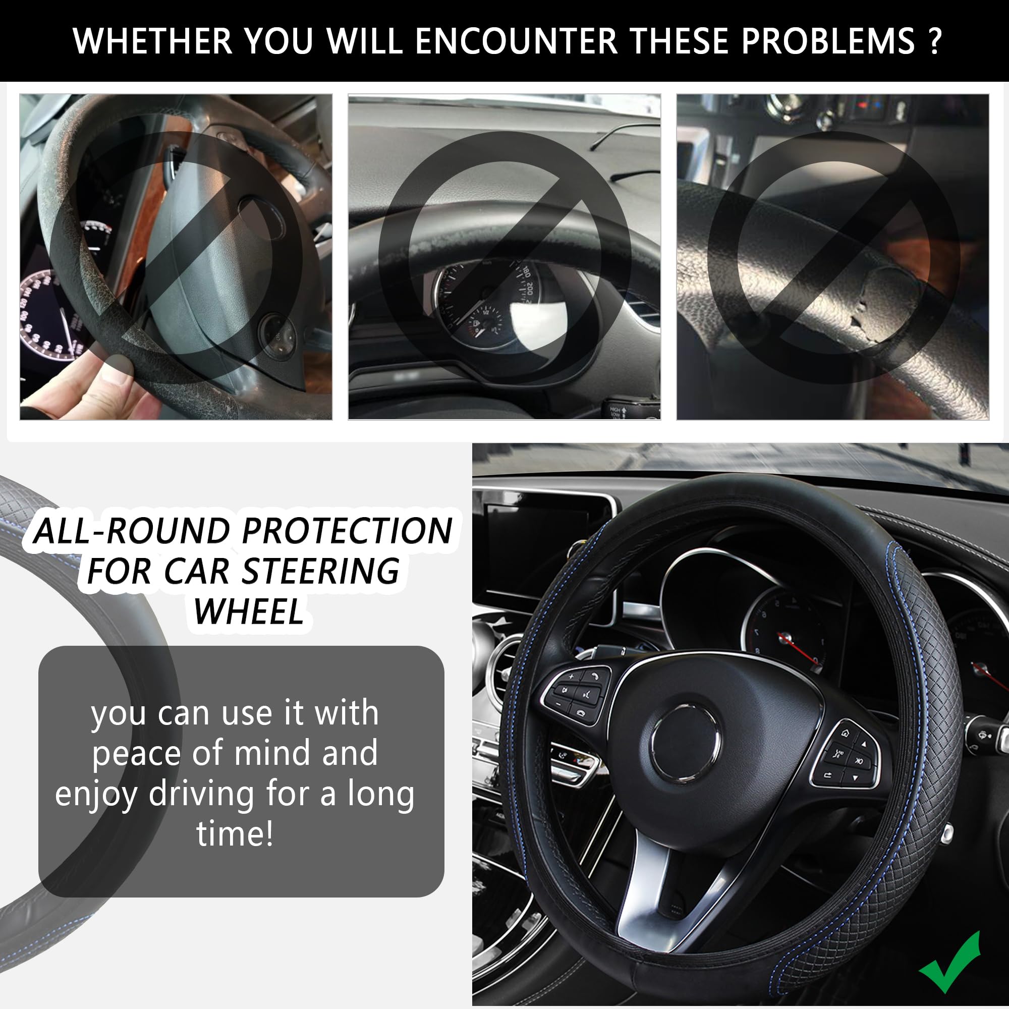 Leather Steering Wheel Cover,Anti Slip Car Steering Wheel Cover For Car Decorations & Steering Wheel Protections,Universal 15Inc