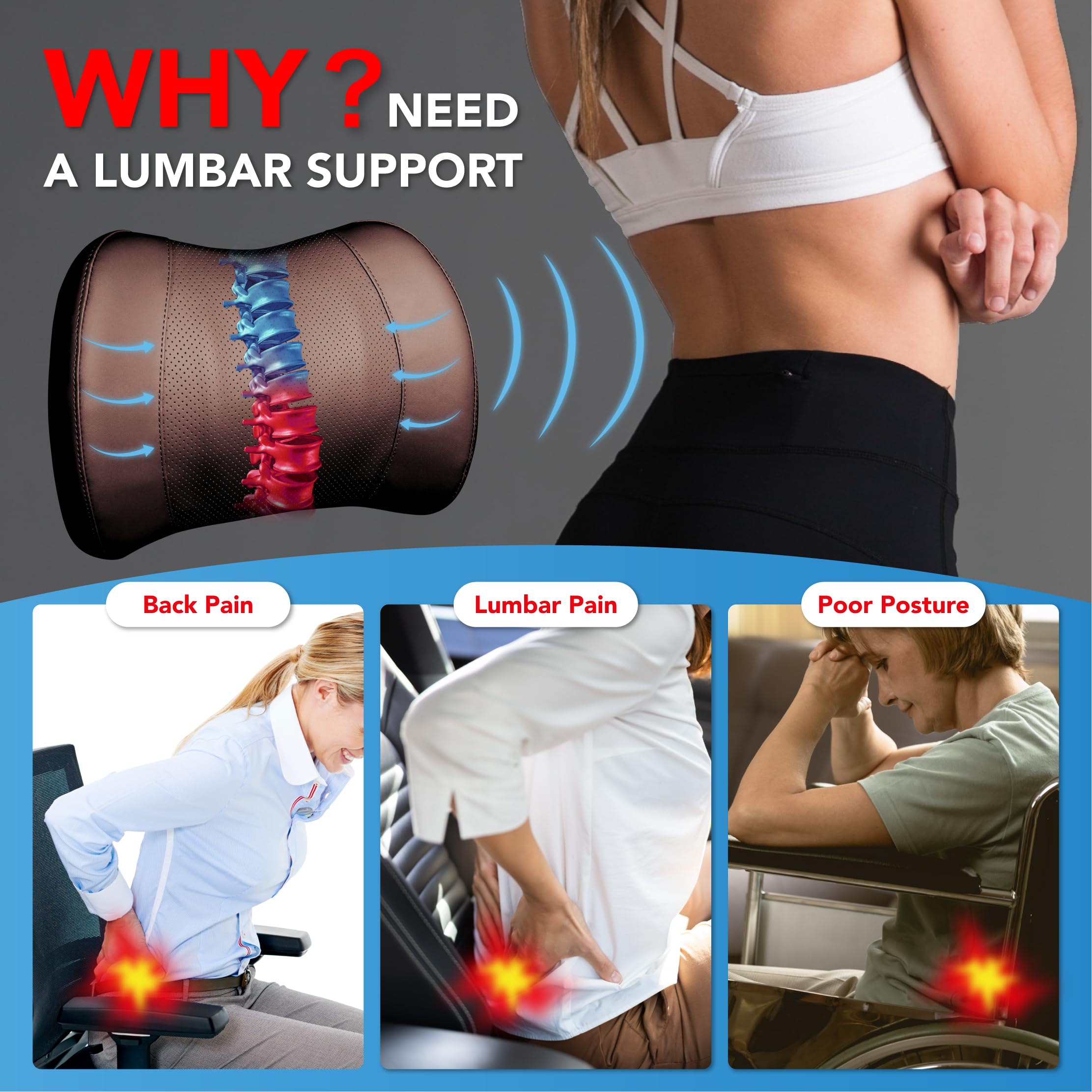 Lumbar Support Pillow For Car, Memory Foam Lumbar Pillow For Lower Back Pain Relief - Back Cushion For Driving, Chair Support Fo