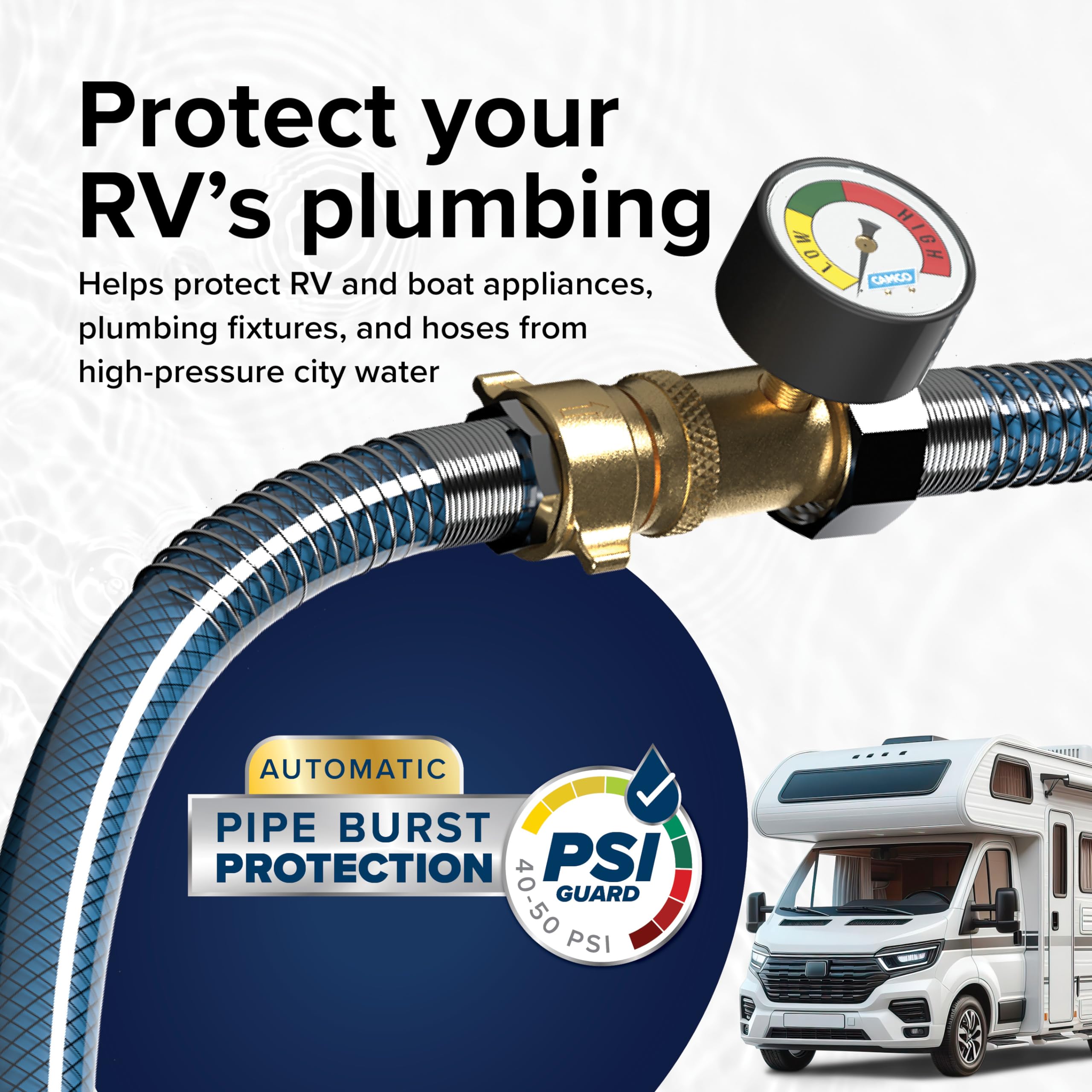 Camco Brass Water Pressure Regulator With Gauge- Helps Protect Rv Plumbing And Hoses From High-Pressure City Water - Easy Read Gauge (40064)