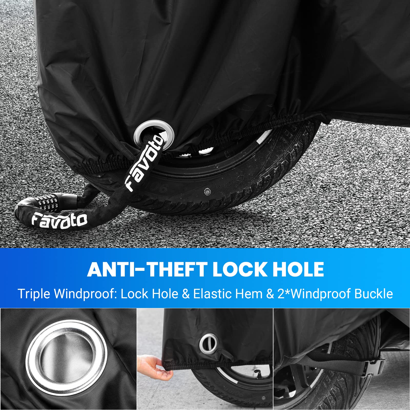 Favoto Motorcycle Cover Waterproof All Season Sun Outdoor Protection Windproof Night Reflective With Lock-Holes Storage Bag Univ