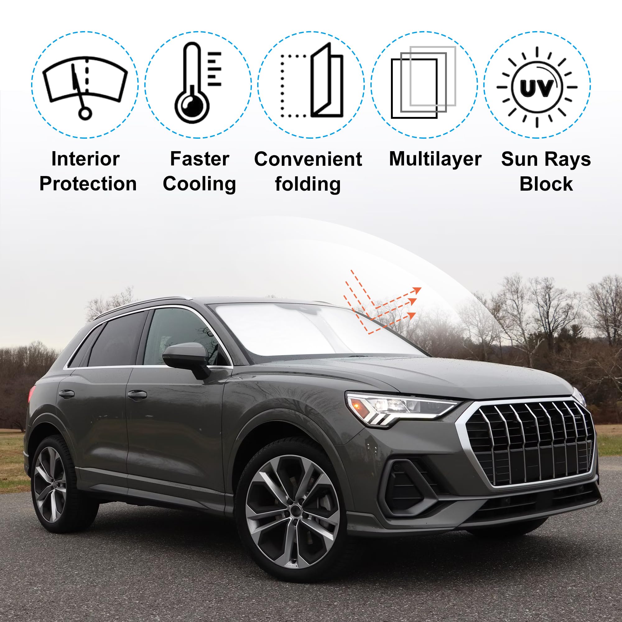 Yycke Windshield Sun Shade Accessories Compatible With 2019-2024 2025 Q3 For Audi Foldable Sunshade Sun Visor Blocks Uv