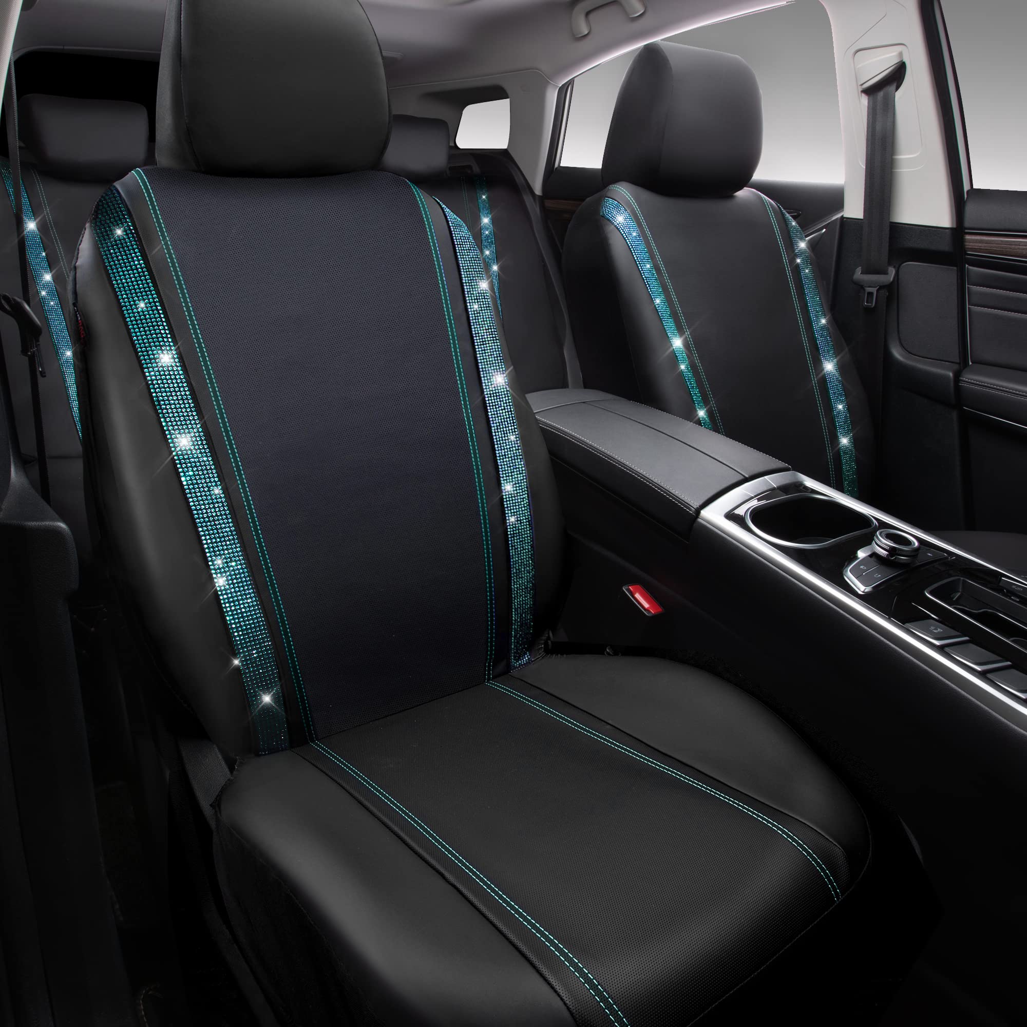 Car Pass Bling Car Seat Covers Full Sets, Shining Rhinestone Diamond Waterproof Leather, Rear With Zipper, Universal Fit Automot