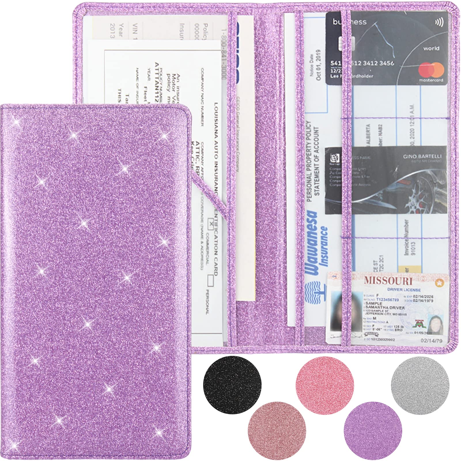 Car Registration And Insurance Holder, Premium Bling Leather Insurance And Registration Holder,Vehicle Glove Box Car Organizer,Wallet Accessories Case With Magnetic Shut For Cards, Essential Document, Driver License (Purple)