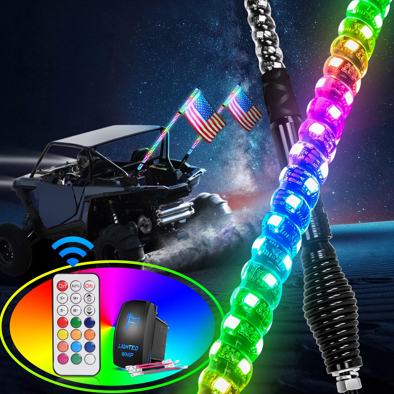 Nilight 2PCS 5FT Spiral RGB Led Whip Light with Spring Base Chasing Light RF Remote Control Lighted Antenna Whips for Can-Am ATV