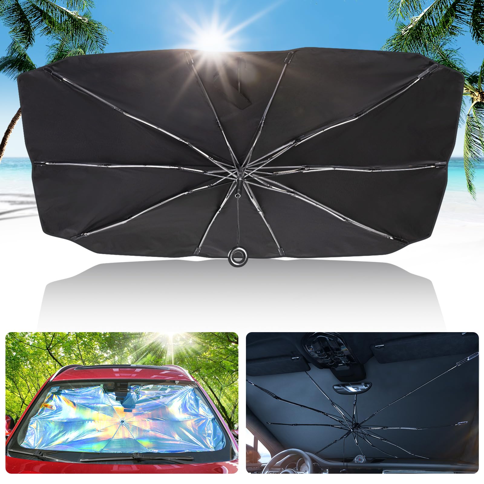 AOKWAY Windshield Sun Shade Umbrella, Foldable Car Sunshade with UV Blocking - Protect Car from Sun Rays & Heat Damage Keep Cool