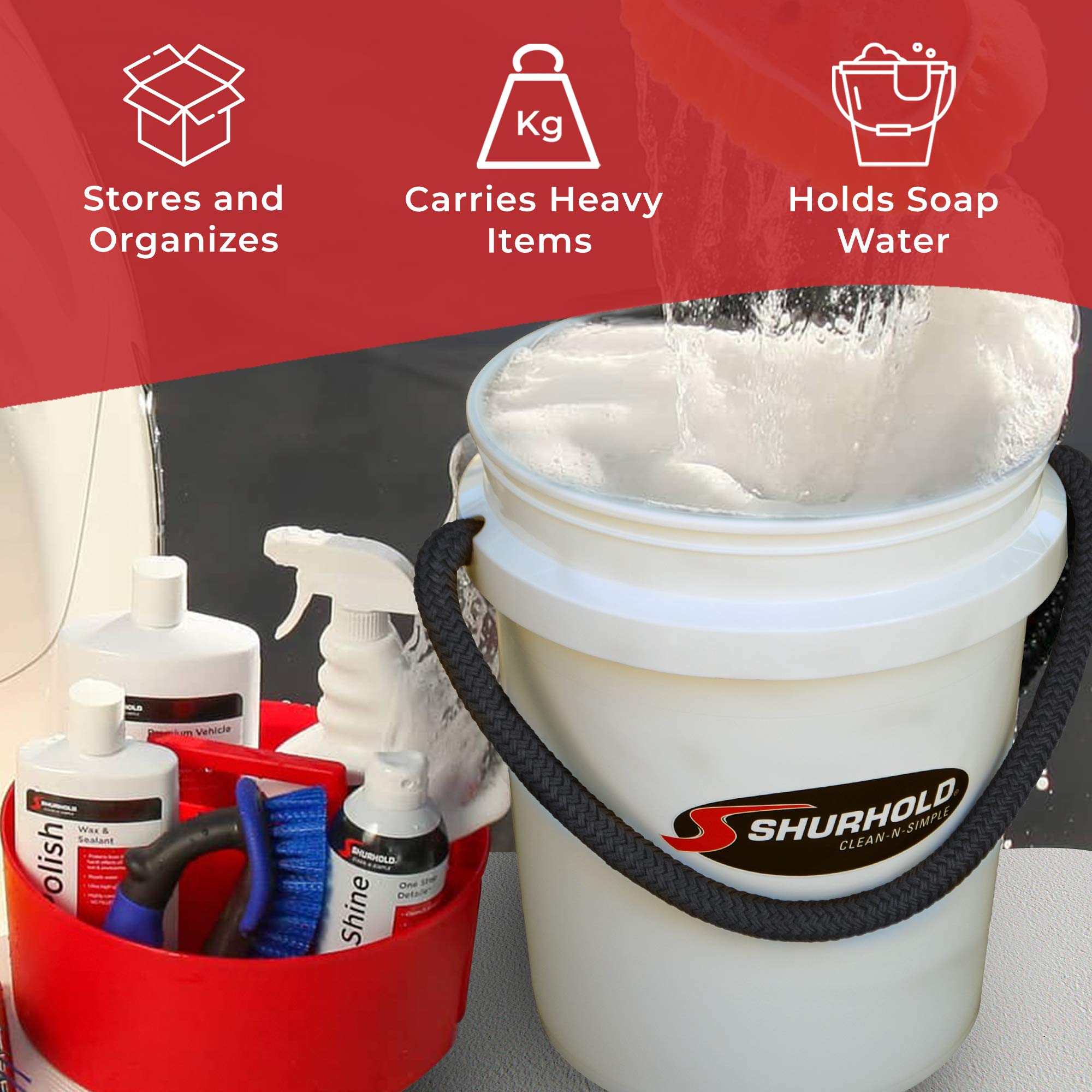 Shurhold 2451 White 5 Gallon Bucket With Black Rope Handle