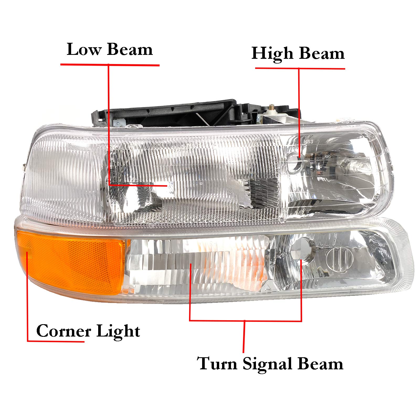 A&P 4Pcs Headlight Assembly Chrome Housing Clear Lens For Chevy 00-06 Tahoe Suburban 1500 2500/99-02 Silverado 1500 2500/01-02 Silverado 1500Hd 2500Hd 3500