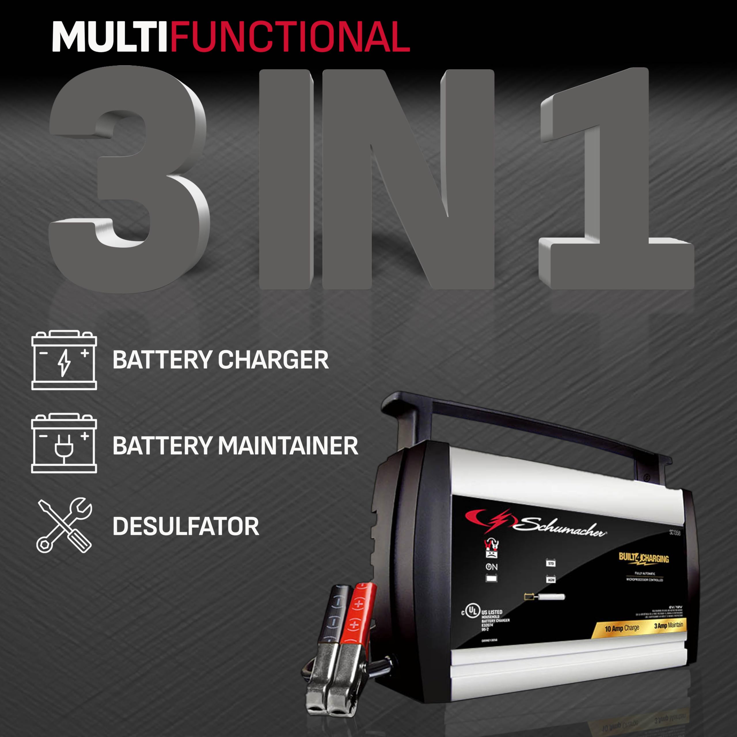 Schumacher Electric Battery Charger And Maintainer, Sc1358, 3-In-1, Fully Automatic, 10 Amps, 6 Volt, 12 Volt, For Motorcycle, L