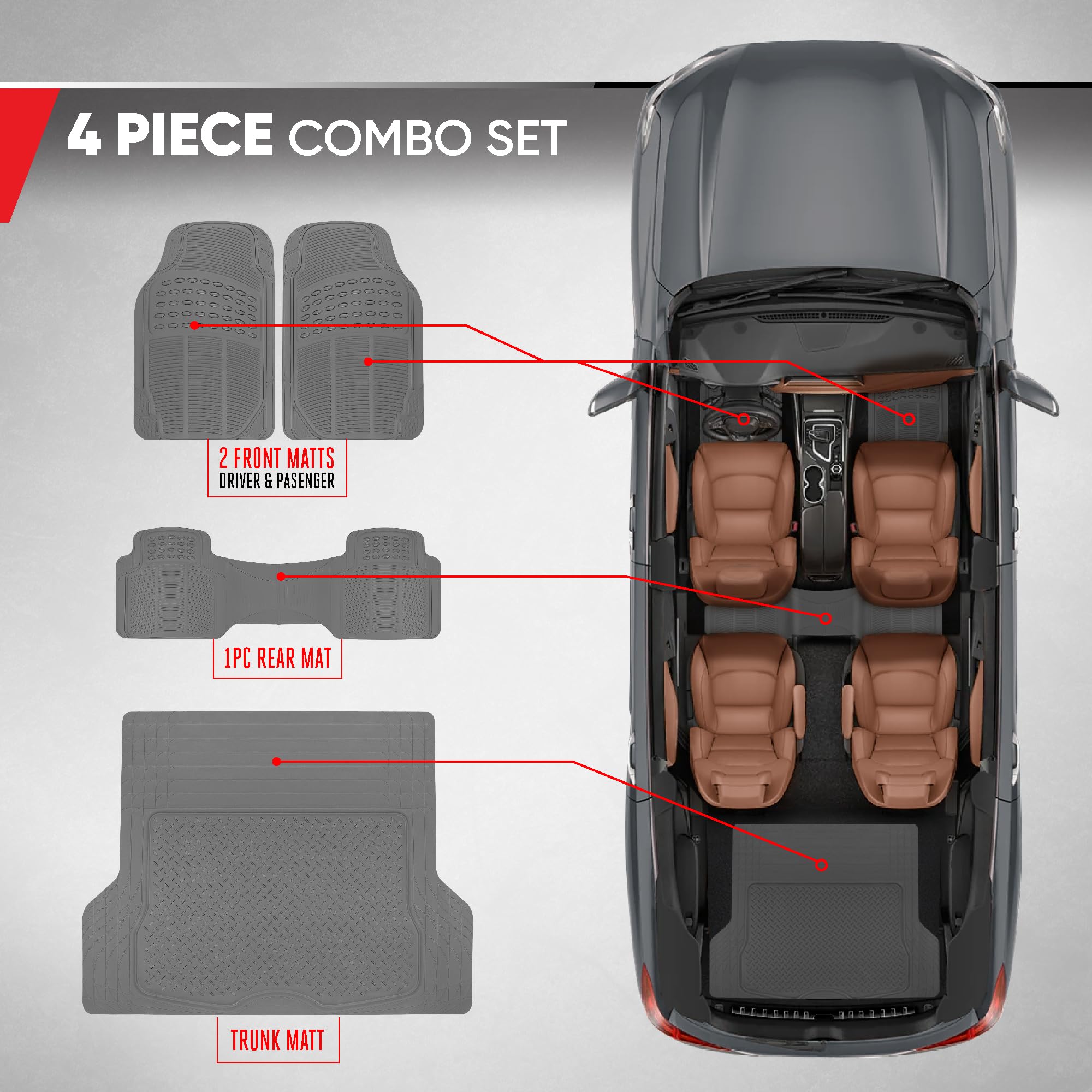 Bdkproliner Gray All Weather Rubber Auto Floor Mats & Cargo Liner - Heavy Duty 4Pc Set - Cb783