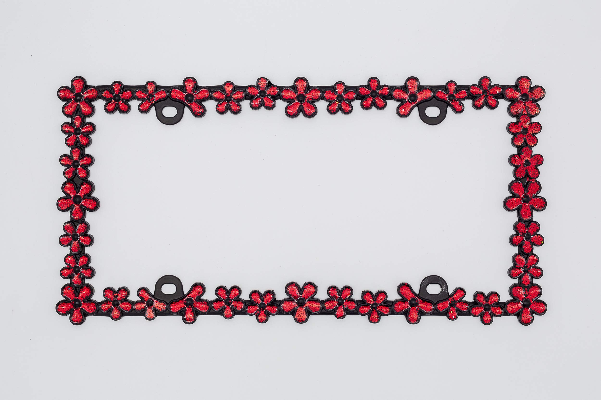 Creathome 3D Shining Daisy Wrenth License Plate Frame From Pure Zinc Alloy Metal Perfect Plate Holder,Matt Black With Red Glitte