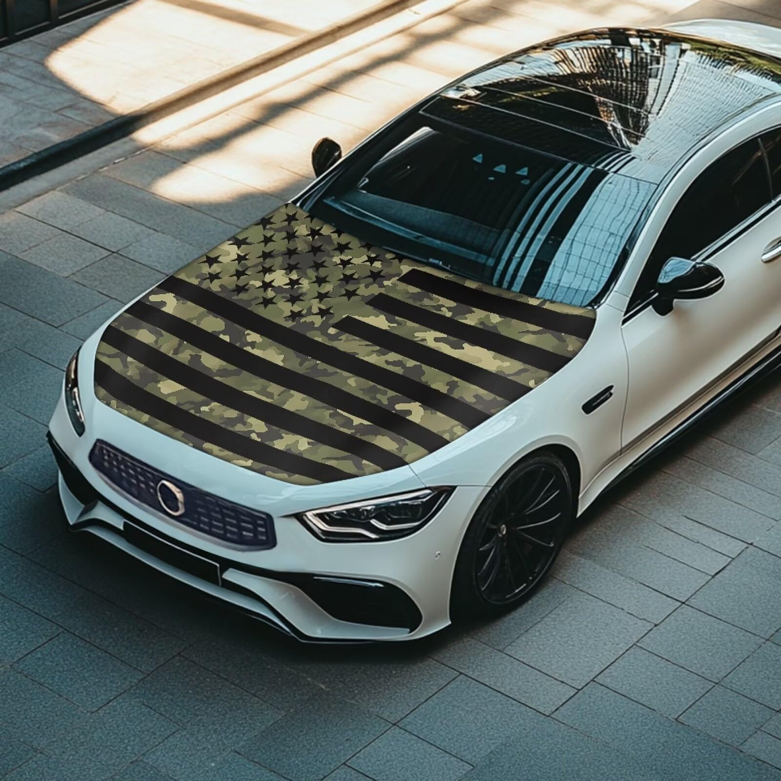 Qiyupavto Car Hood Cover, Green Camouflage American Flag Car Hood Protector Auto Hood Flag Waterproof Universal Auto Decorative