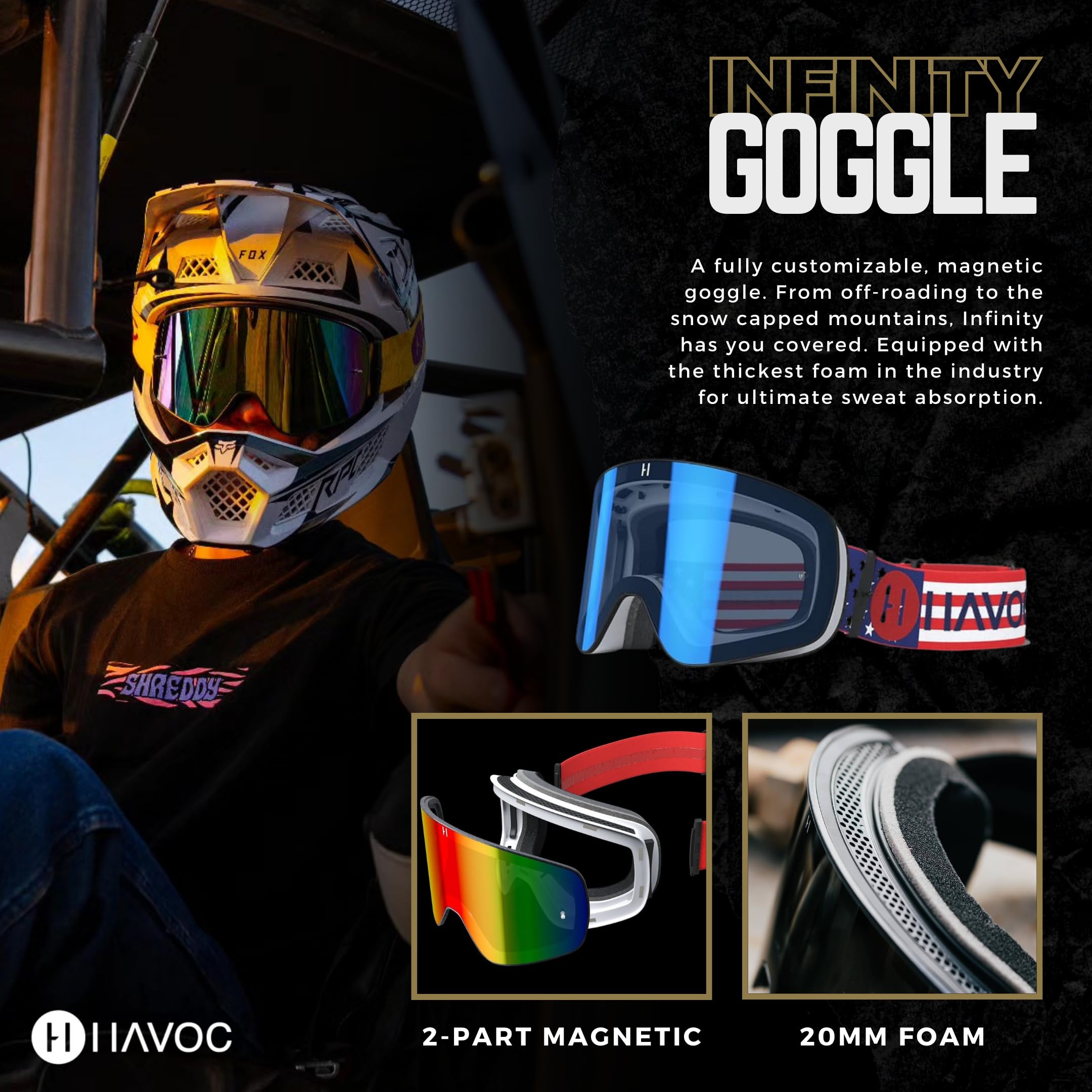 Havoc Racing Magnetic Frameless Goggles - For Motocross, Dirt Biking, Snowboarding, Atv, & Utv - Patriot Goggles & Clear Lens Bu