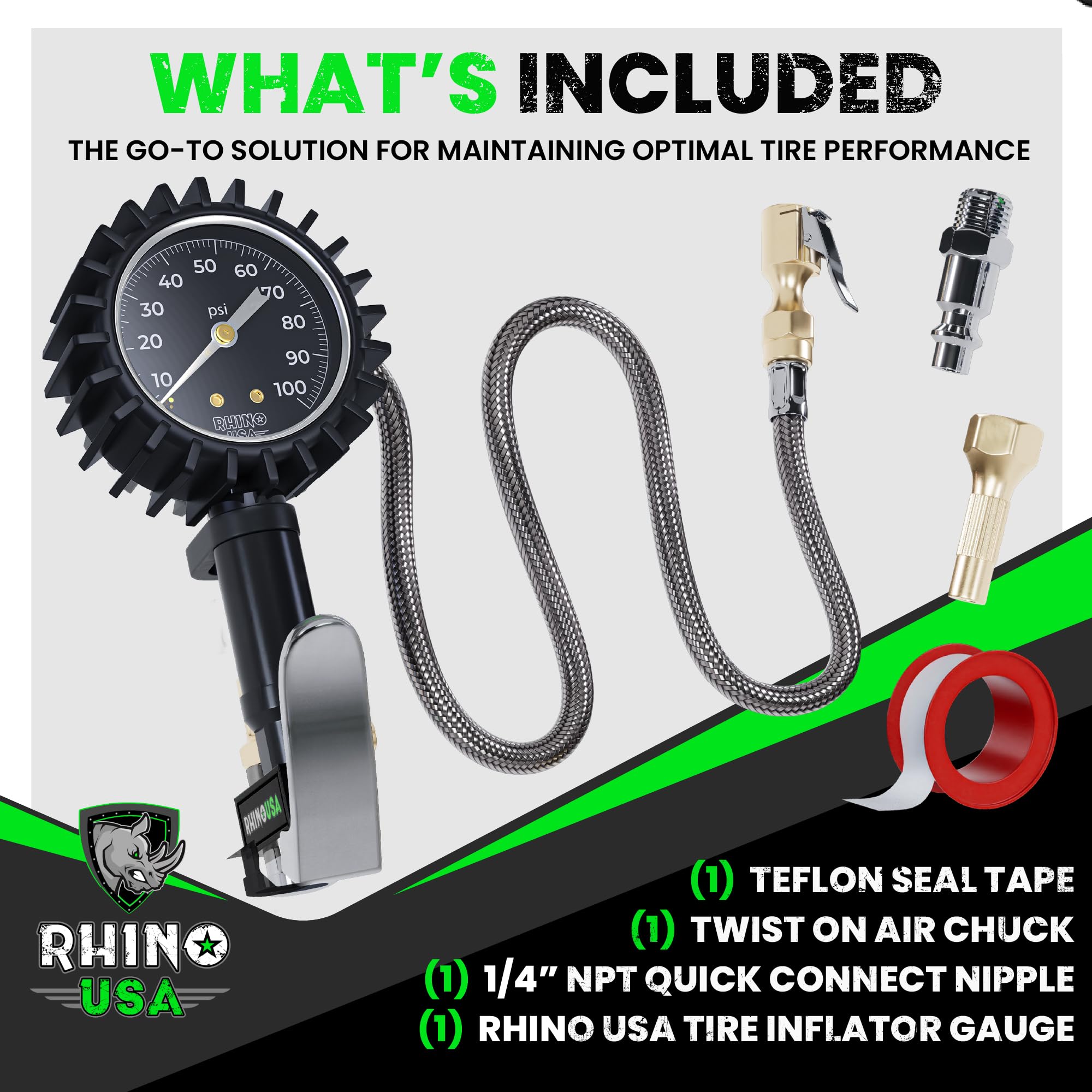 Rhino USA Tire Inflator with Pressure Gauge (0-100 PSI) - ANSI B40.1 Accurate, Large 2' Easy Read Glow Dial, Premium Braided Hose, Solid Brass Hardware, Best for Any Car, Truck, Motorcycle, RV